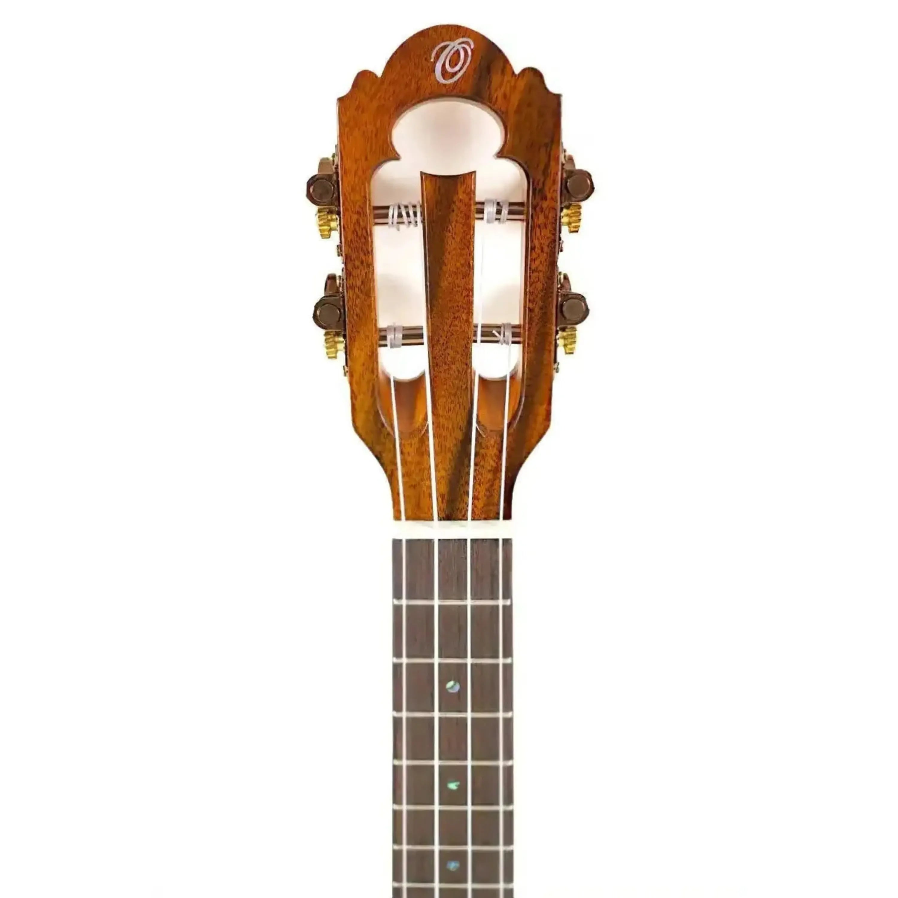 Ohana CK-450 Limited Edition concert ukulele headstock with slotted design, rosegold tuners, and dark koa wood.
