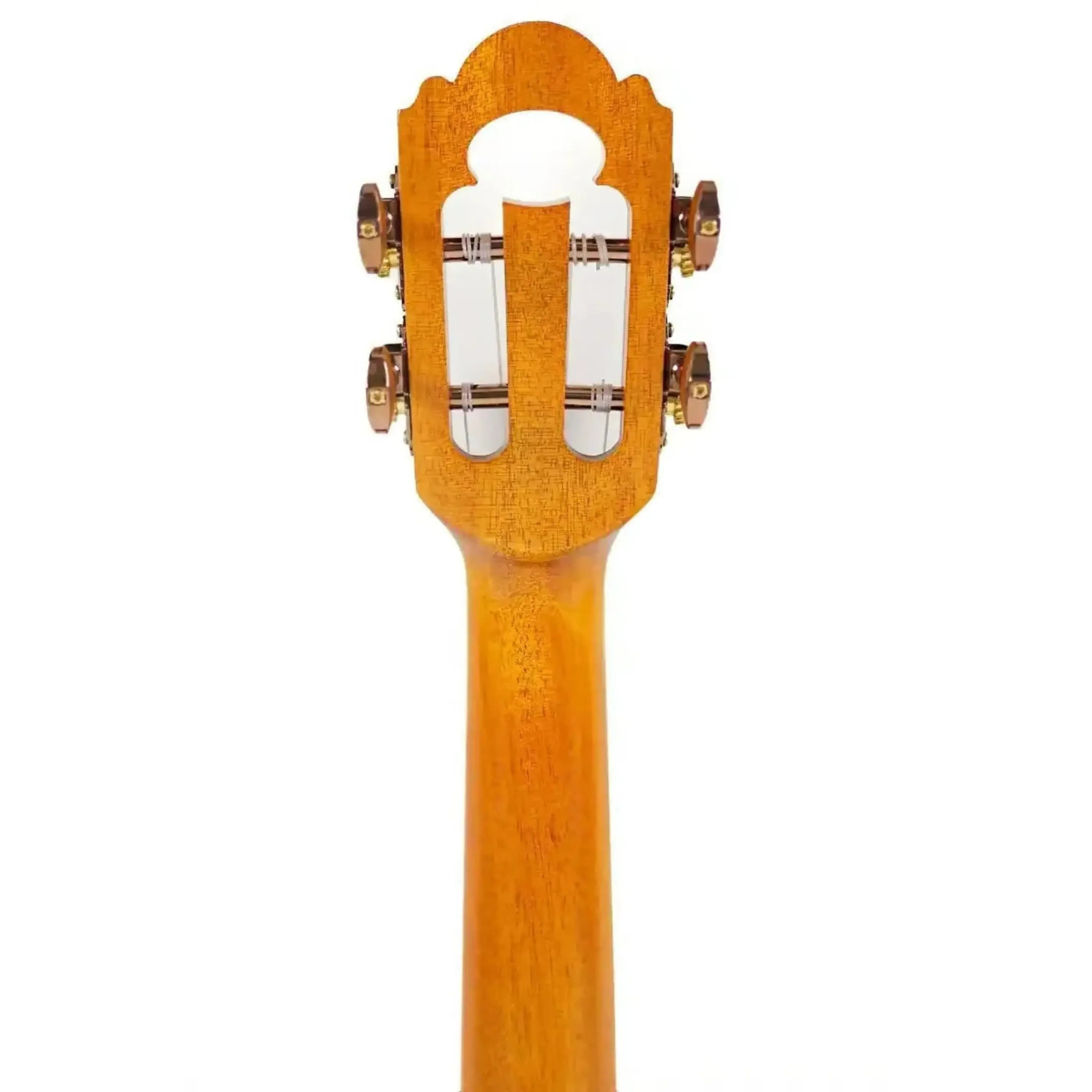 Ohana CK-450 solid koa concert ukulele headstock and neck, featuring a slotted headstock and rosegold tuners.