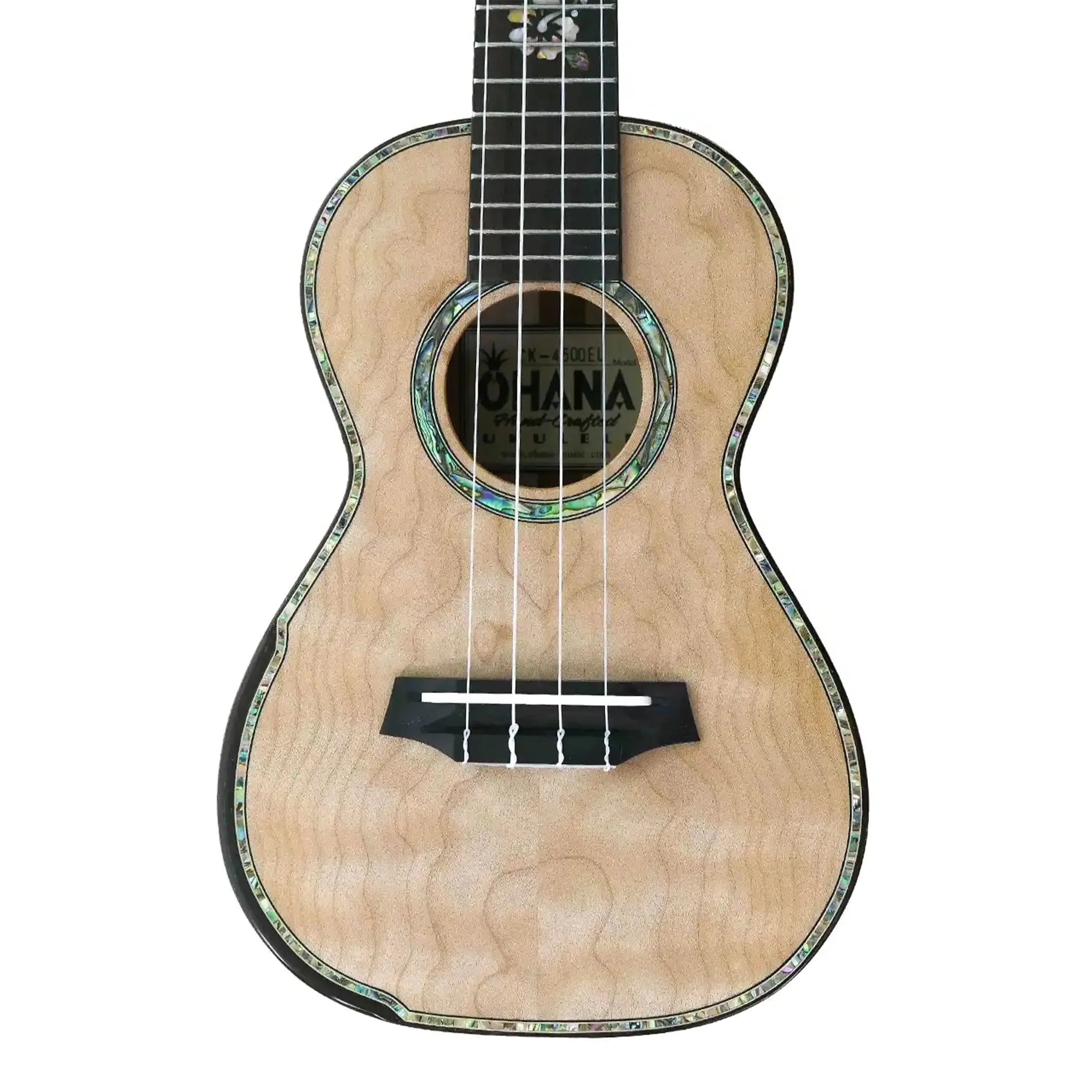 Ohana CK-450QEL Concert Ukulele with quilted eucalyptus body, abalone rosette, and binding.
