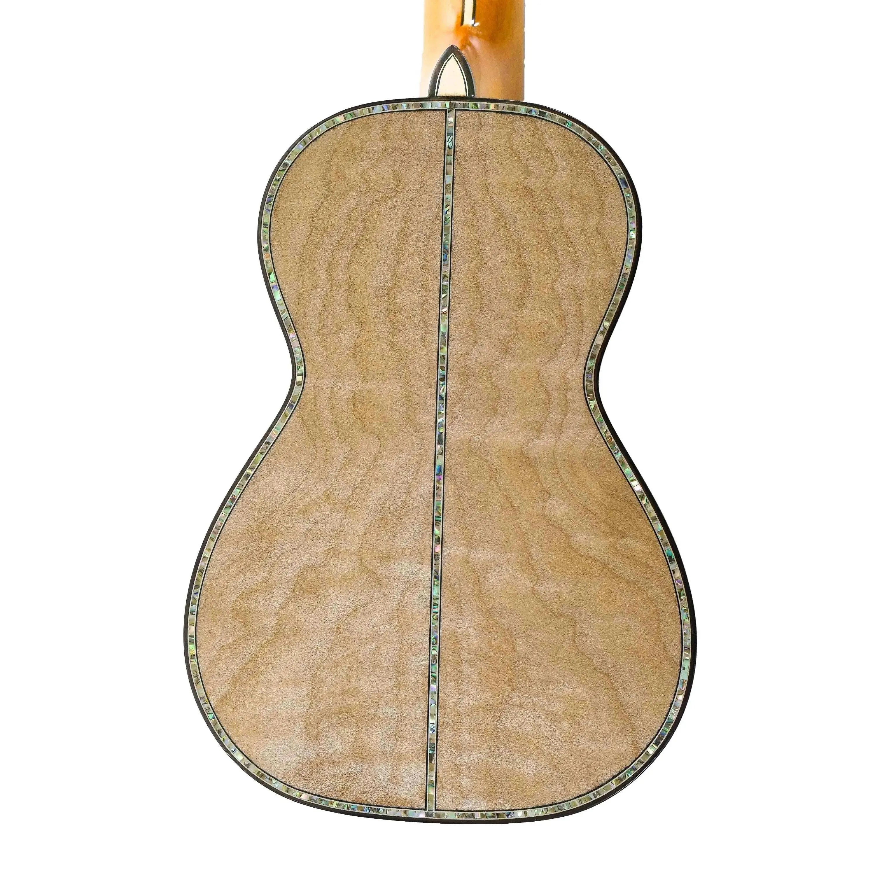 Back of Ohana CK-450QEL Solid Quilted Eucalyptus Concert Ukulele with abalone binding and purfling.