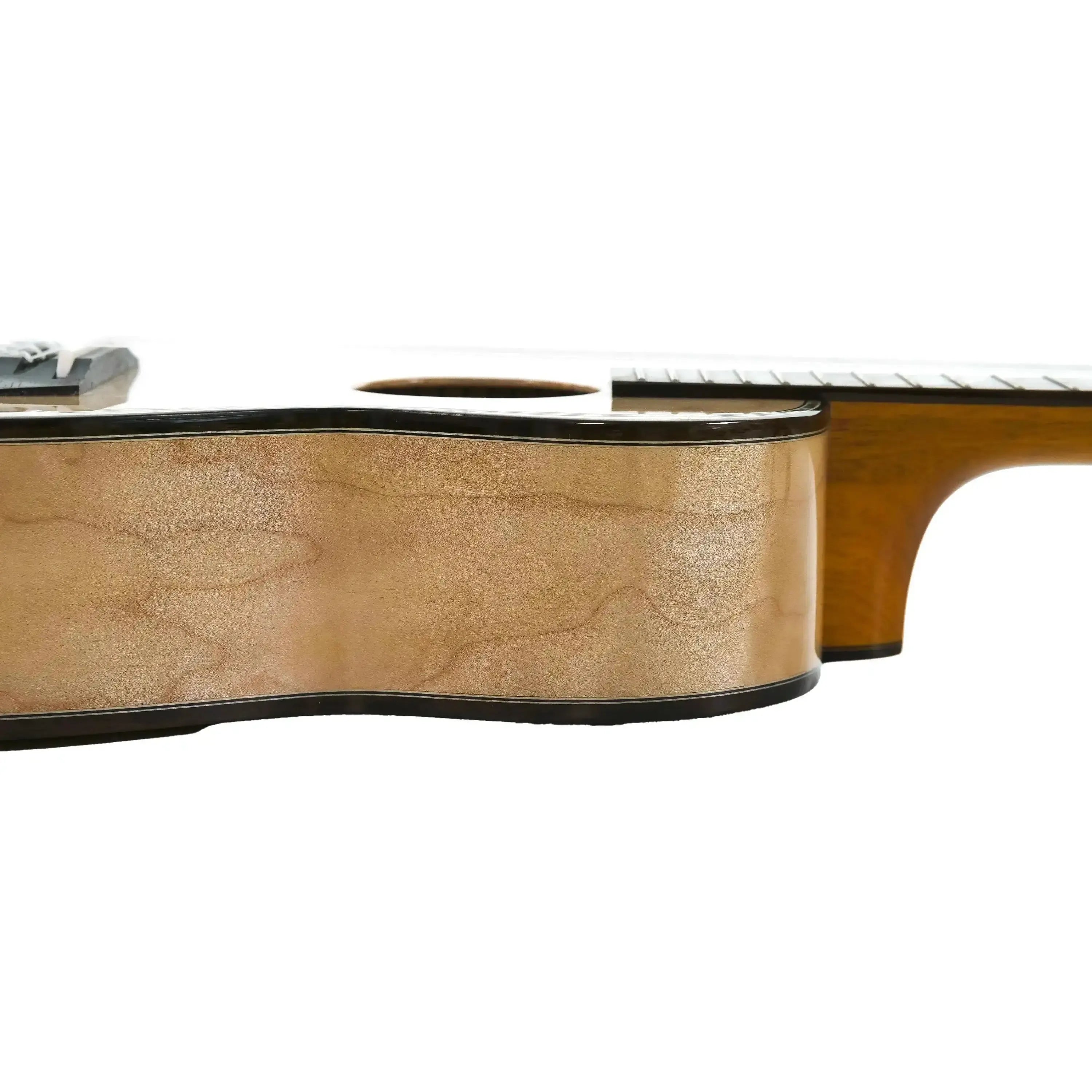Ohana CK-450QEL concert ukulele body side with light wood grain and dark binding.