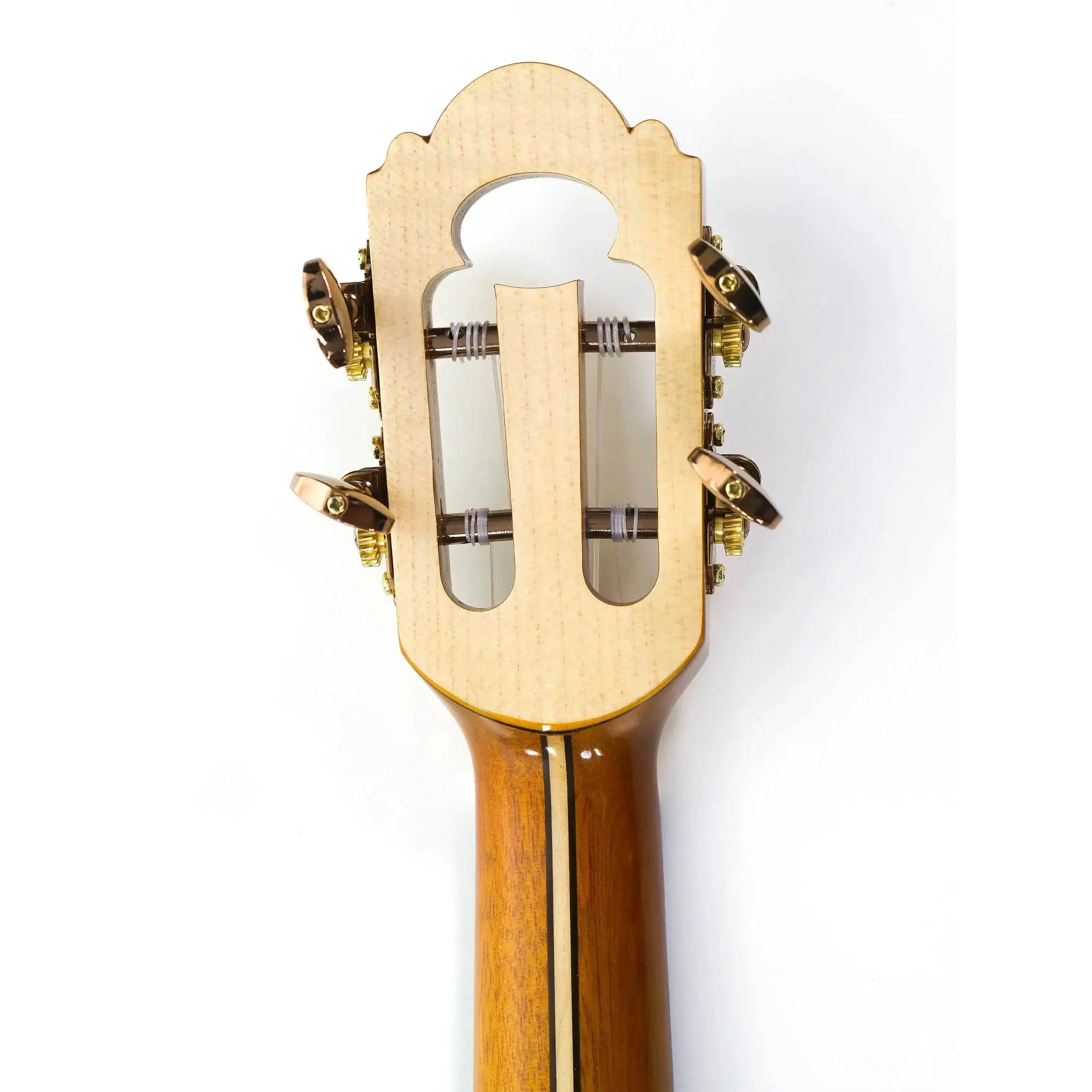 Ohana CK-450QEL ukulele headstock with light wood, gold tuners, and mahogany neck.