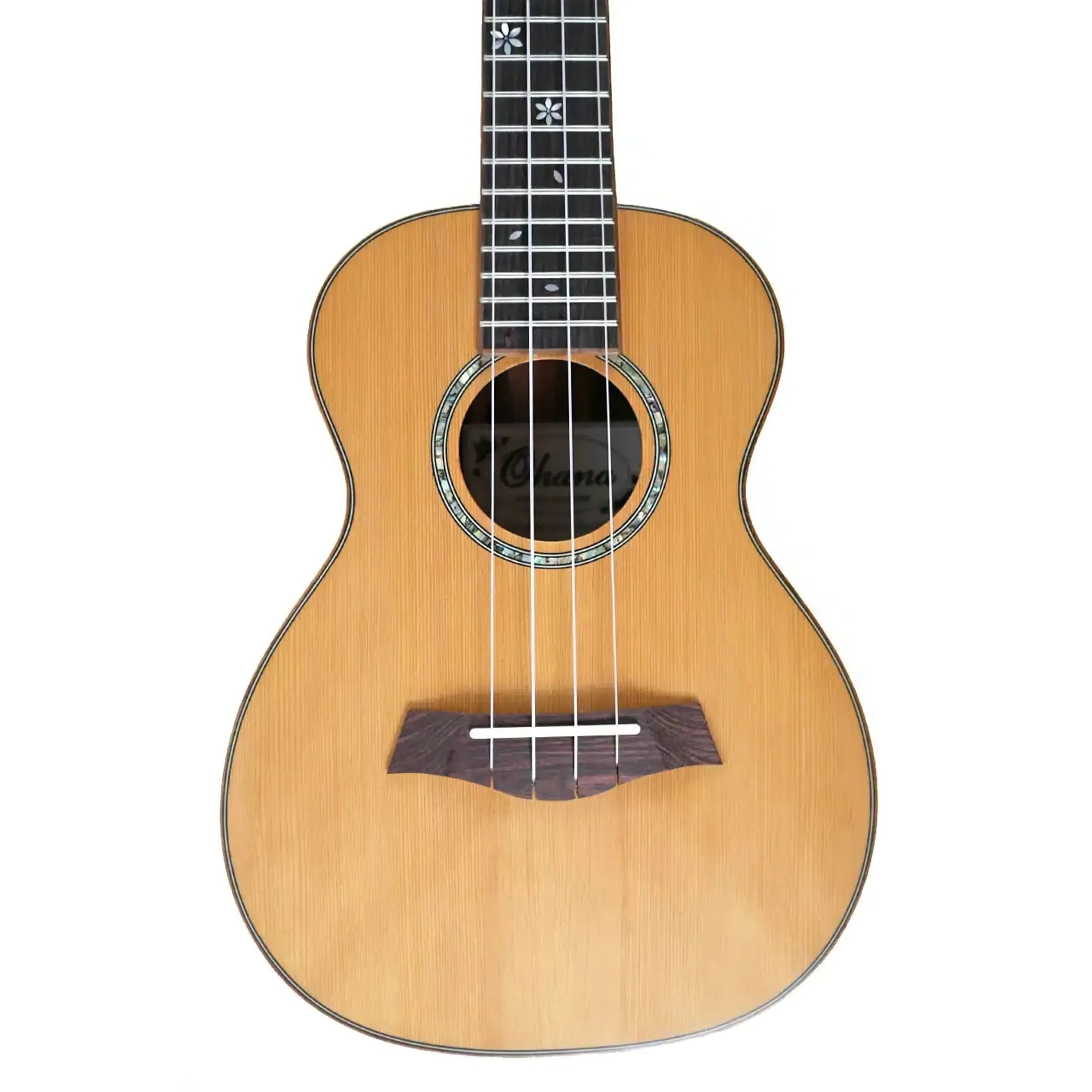Ohana CK-50ME Macassar Ebony Concert Ukulele with light cedar top, dark ebony bridge, and floral fretboard inlay.