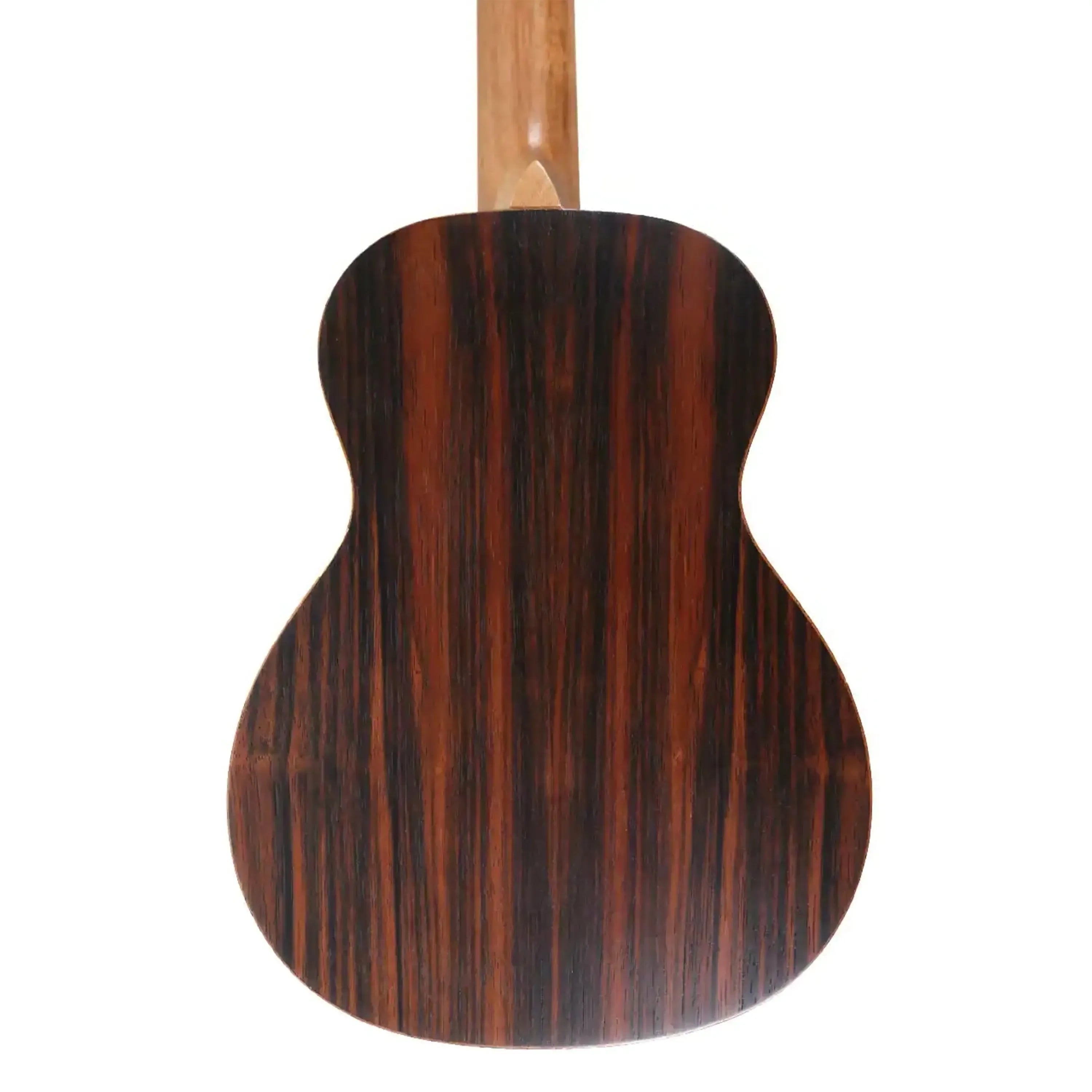 Ohana CK-50ME Concert Ukulele back, showing dark striped Macassar ebony wood grain and light neck.