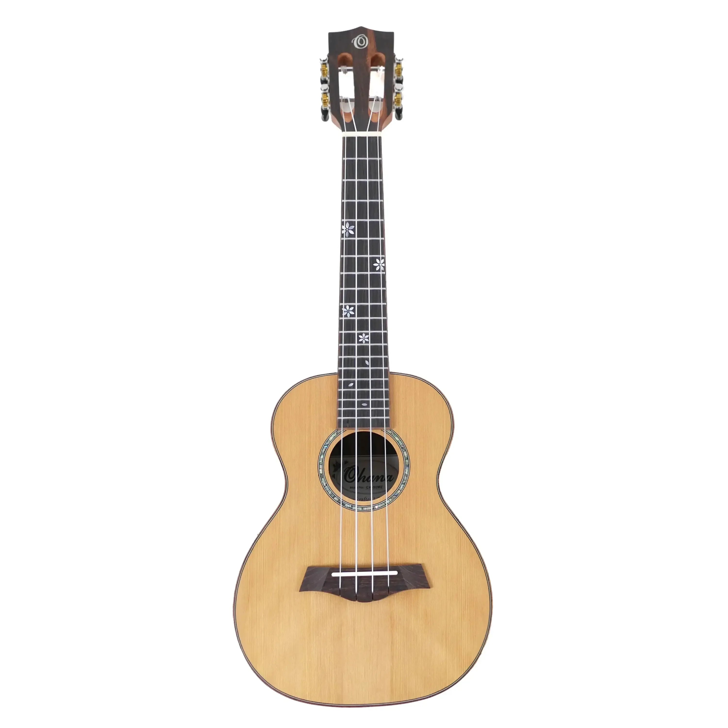 Ohana CK-50ME Macassar Ebony Series Concert Ukulele with cedar top and floral fret markers.