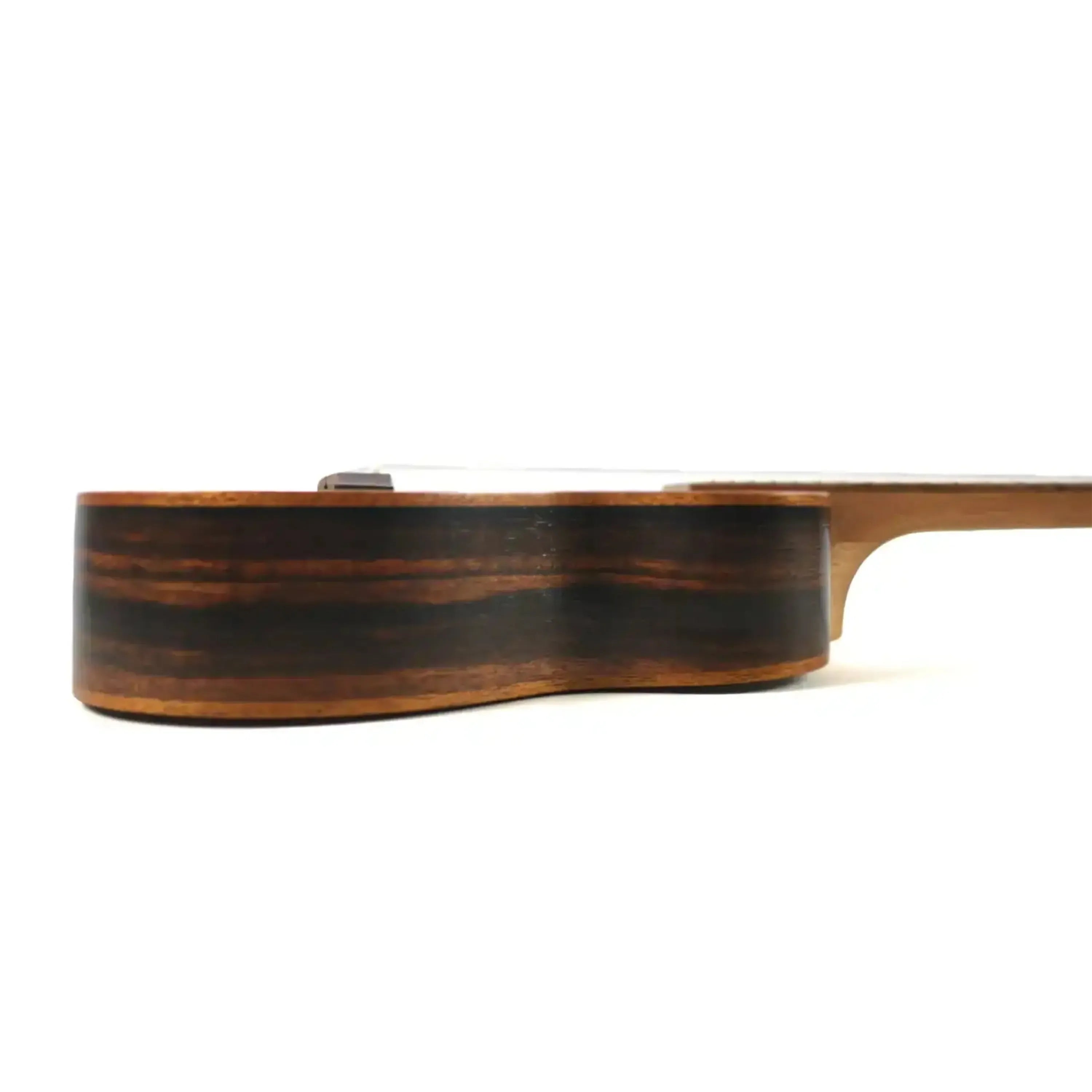Ohana CK-50ME Concert Ukulele side view, showcasing dark Macassar ebony wood grain.