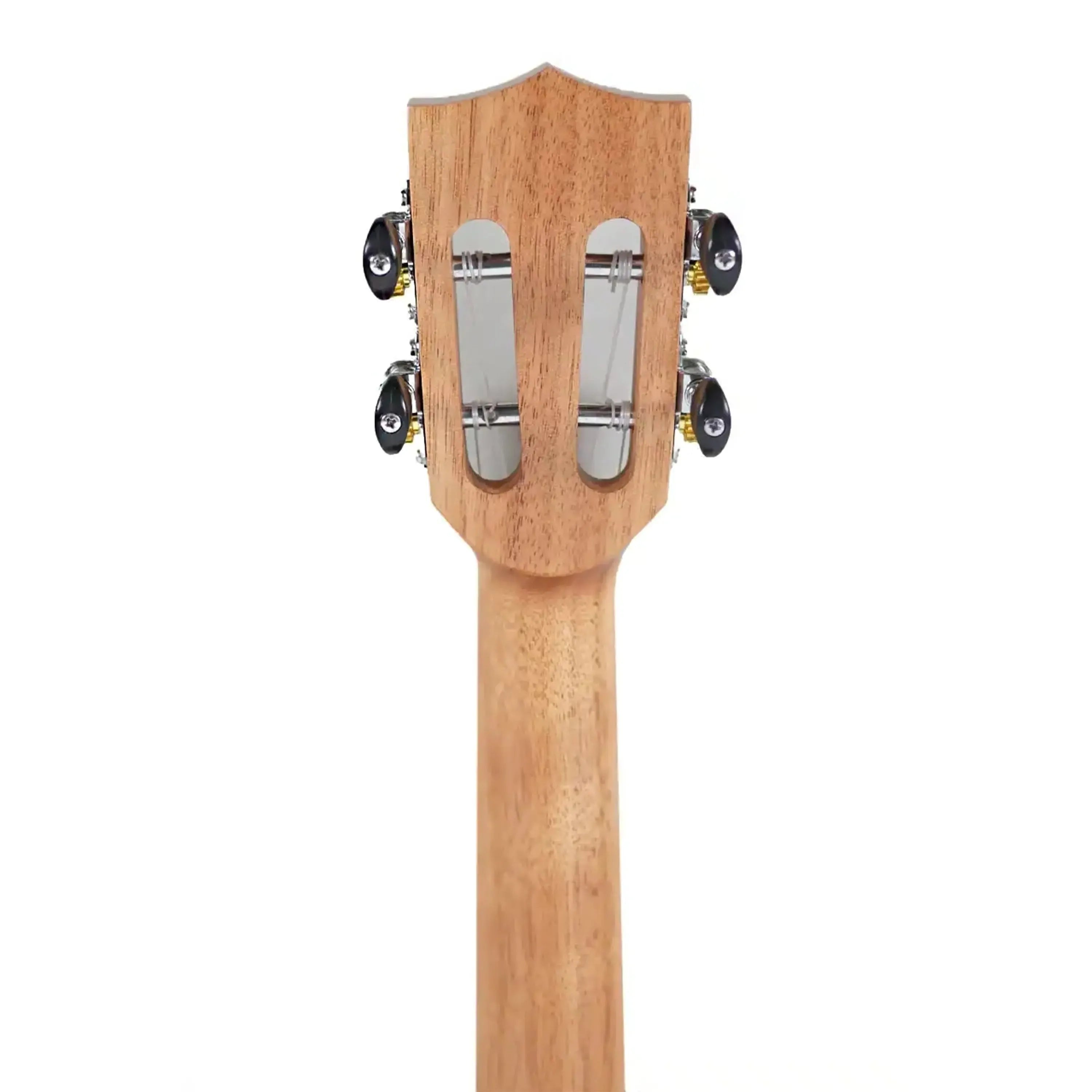 Back of Ohana CK-50ME Concert Ukulele headstock, showing light wood and Grover open-geared tuners.