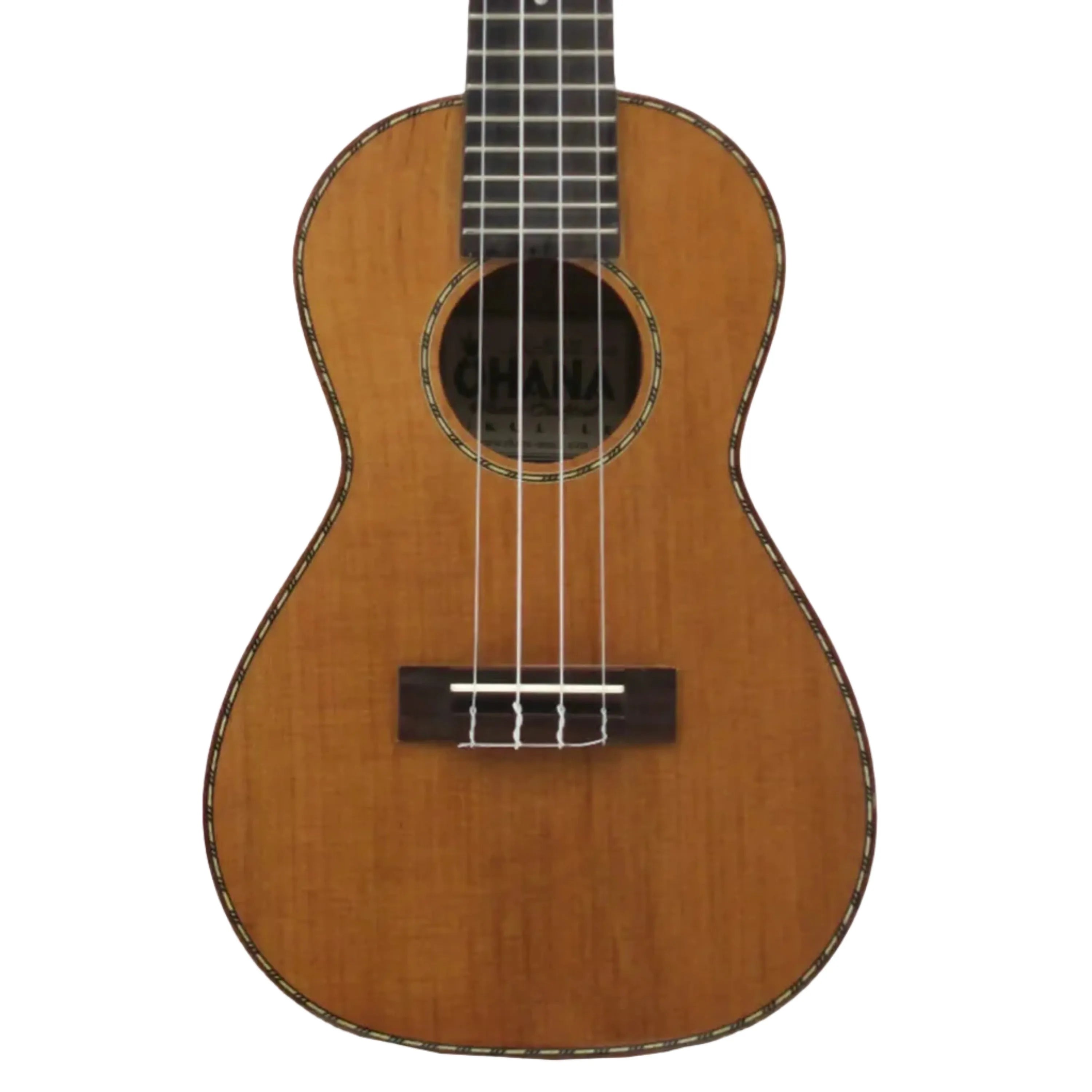 Ohana CK-50MG concert ukulele with solid cedar top, flamed mahogany, glossy finish, and rope purfling.