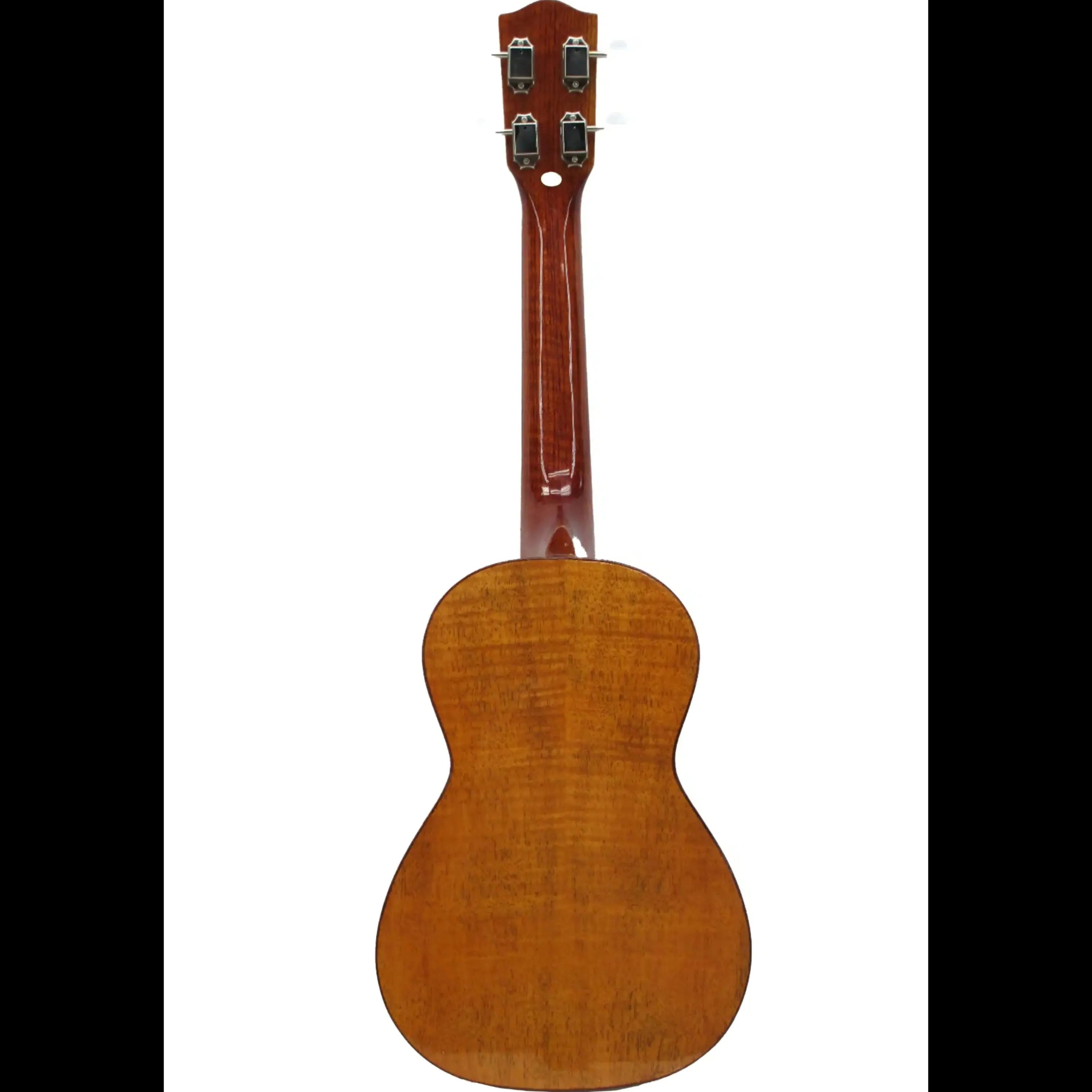 Ohana CK-50MG Concert Ukulele, back view, showing flamed mahogany and glossy finish.