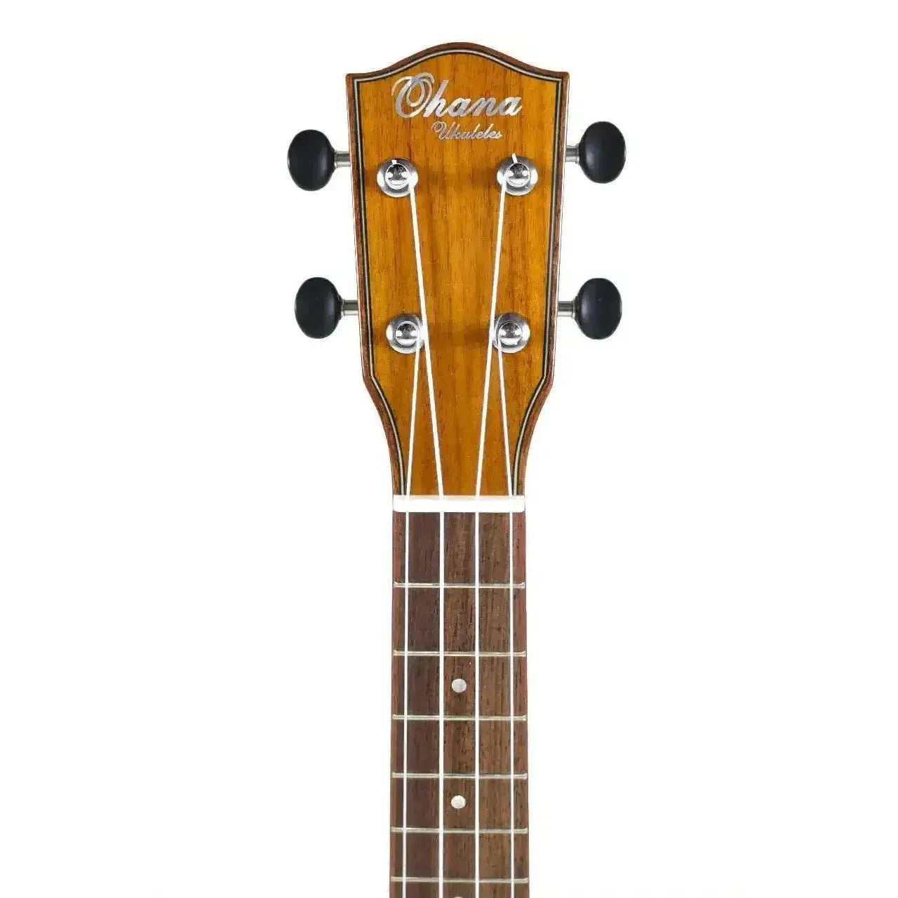 Ohana CK-50WG Concert Ukulele headstock with mahogany, Grover tuners, and pearloid fret markers.
