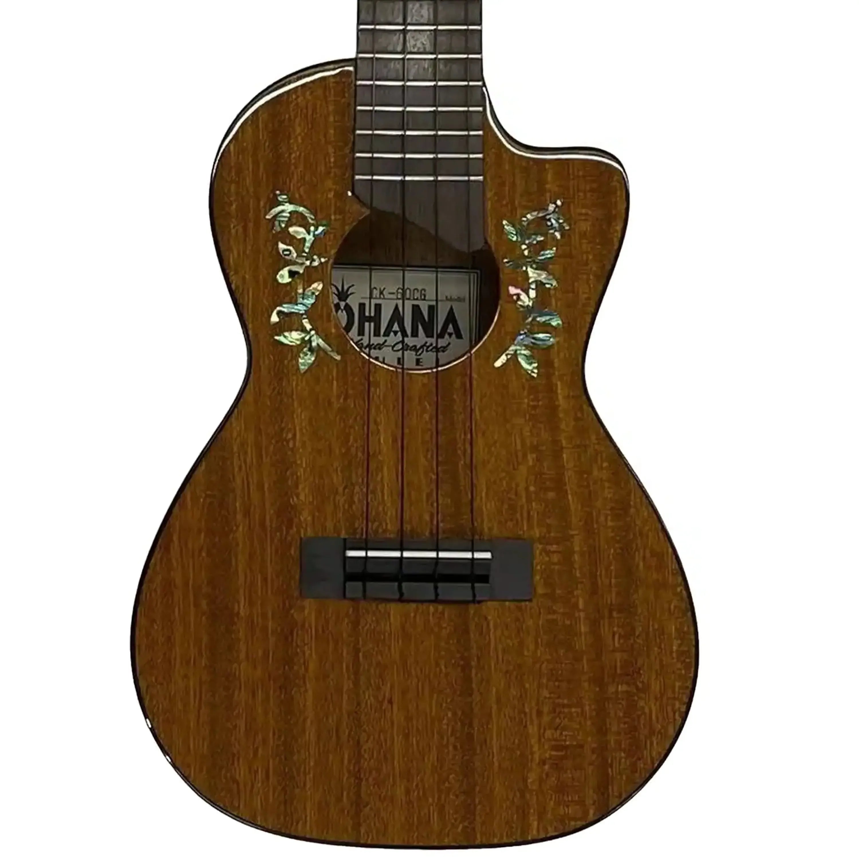 Ohana CK-60CG solid mahogany concert ukulele with floral abalone inlay and cutaway.