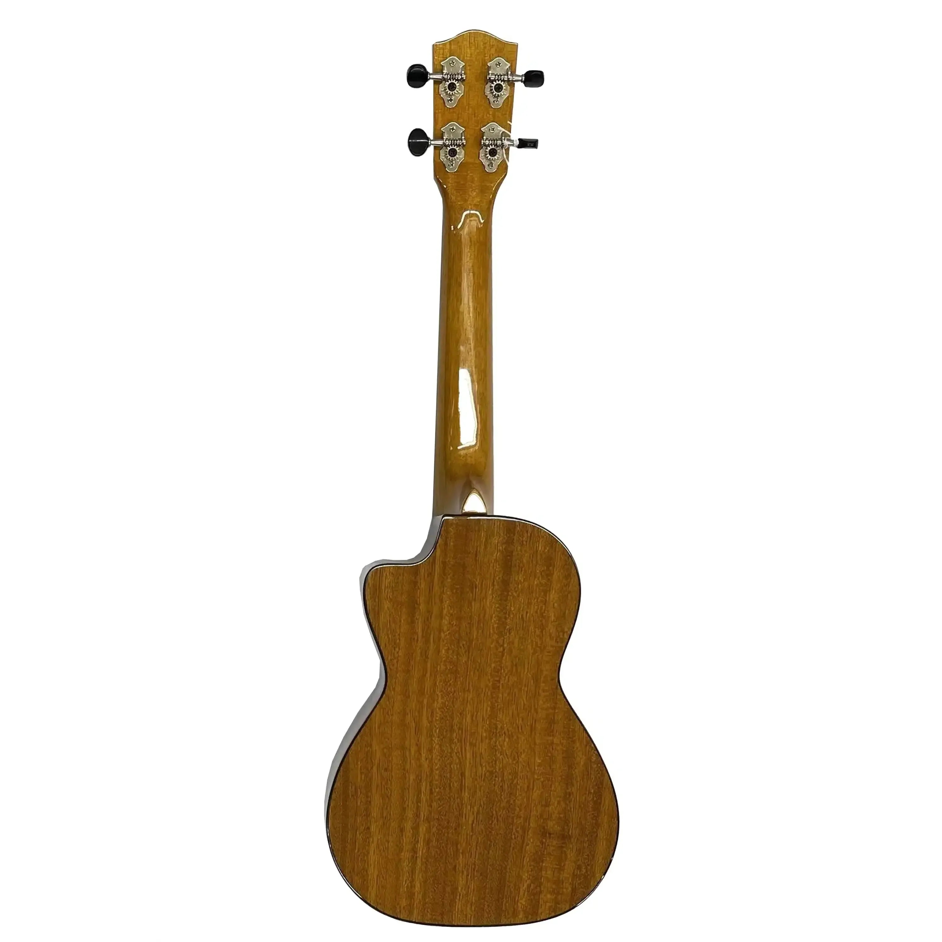 Ohana CK-60CG solid mahogany concert ukulele, back view, with cutaway and Grover tuners.