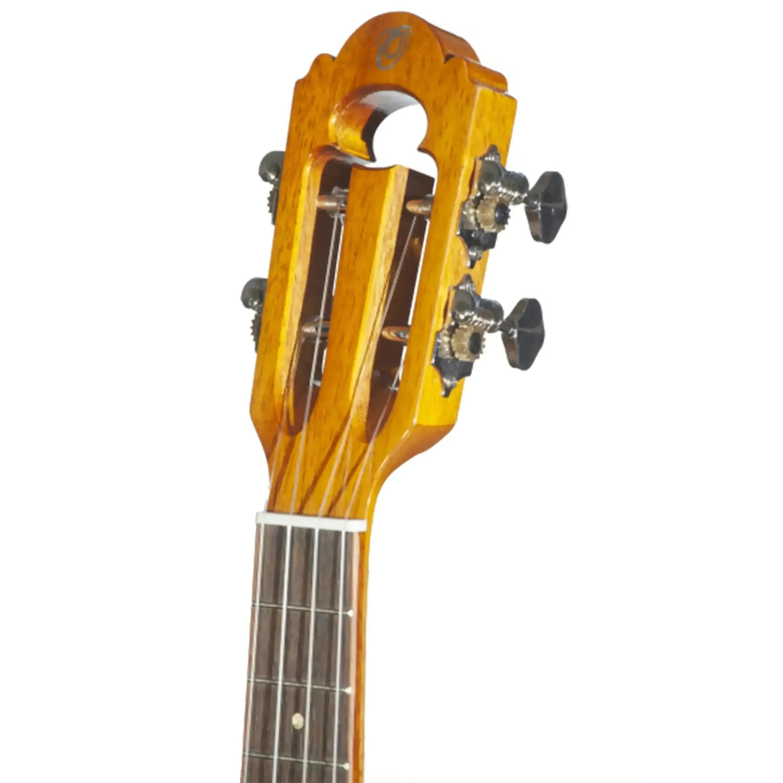 Ohana CK-7 Limited Edition Acacia concert ukulele headstock with chrome open-geared tuners.