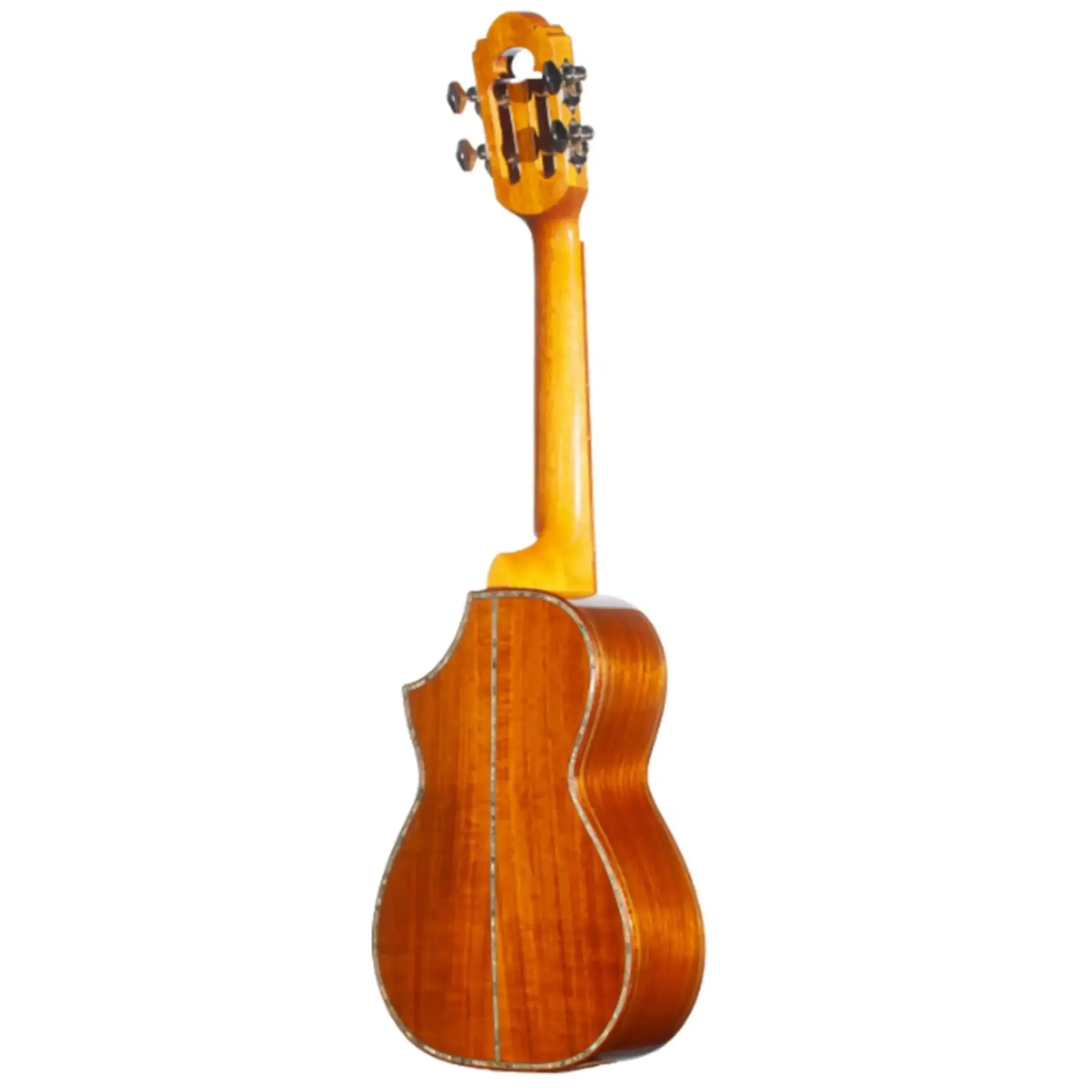 Ohana CK-7 Limited Edition Acacia Concert Ukulele, back view, with florentine cutaway and gloss finish.