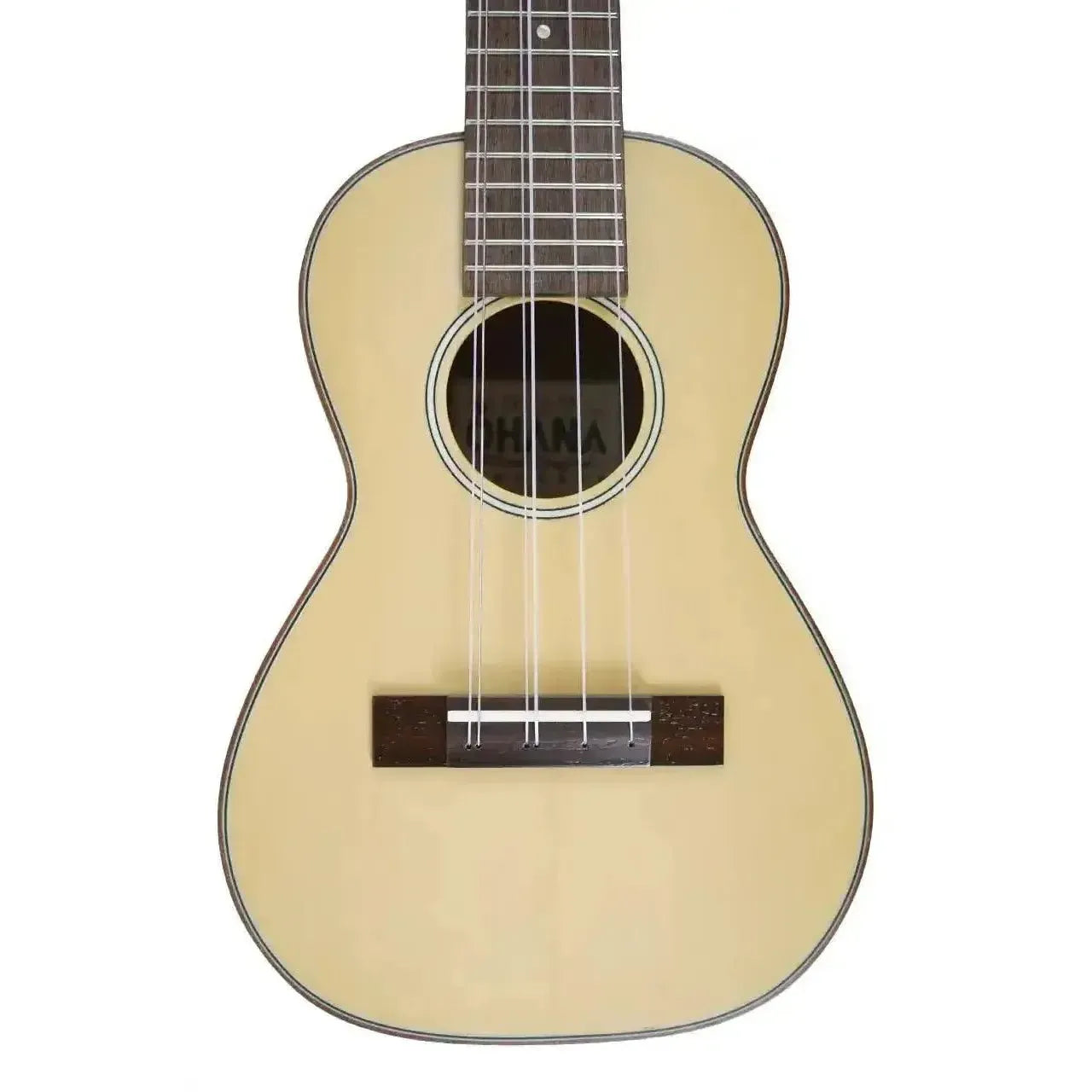 Ohana CK-70-A6 6-string concert ukulele with solid spruce top, satin finish, and black/white/black rosette.