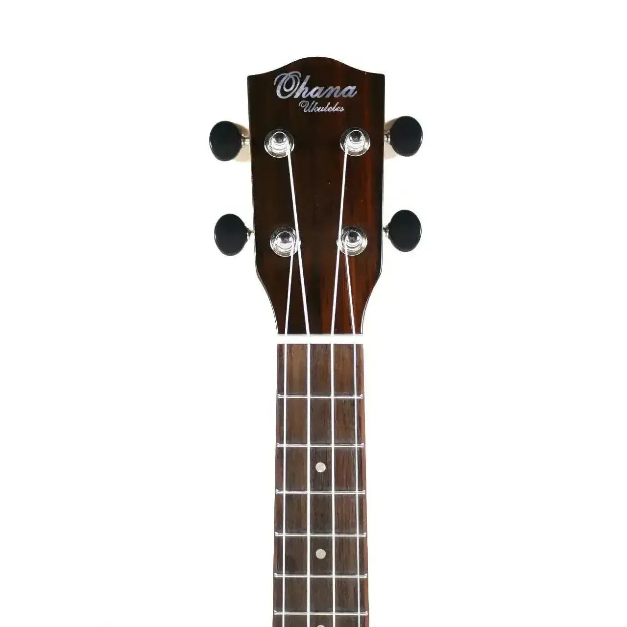 Ohana Concert Ukulele headstock with dark wood, black Grover tuners, and white strings.