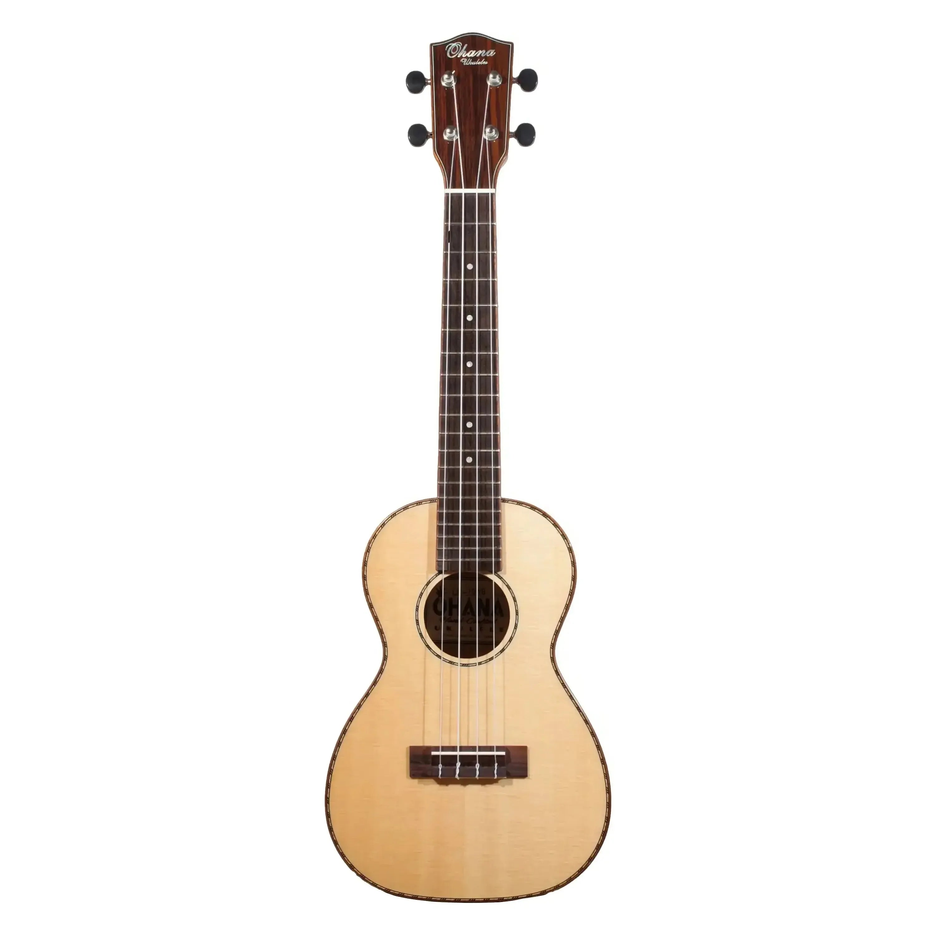 Ohana CK-70WG concert ukulele with solid spruce top, willow wood back, gloss finish, and rope purfling.