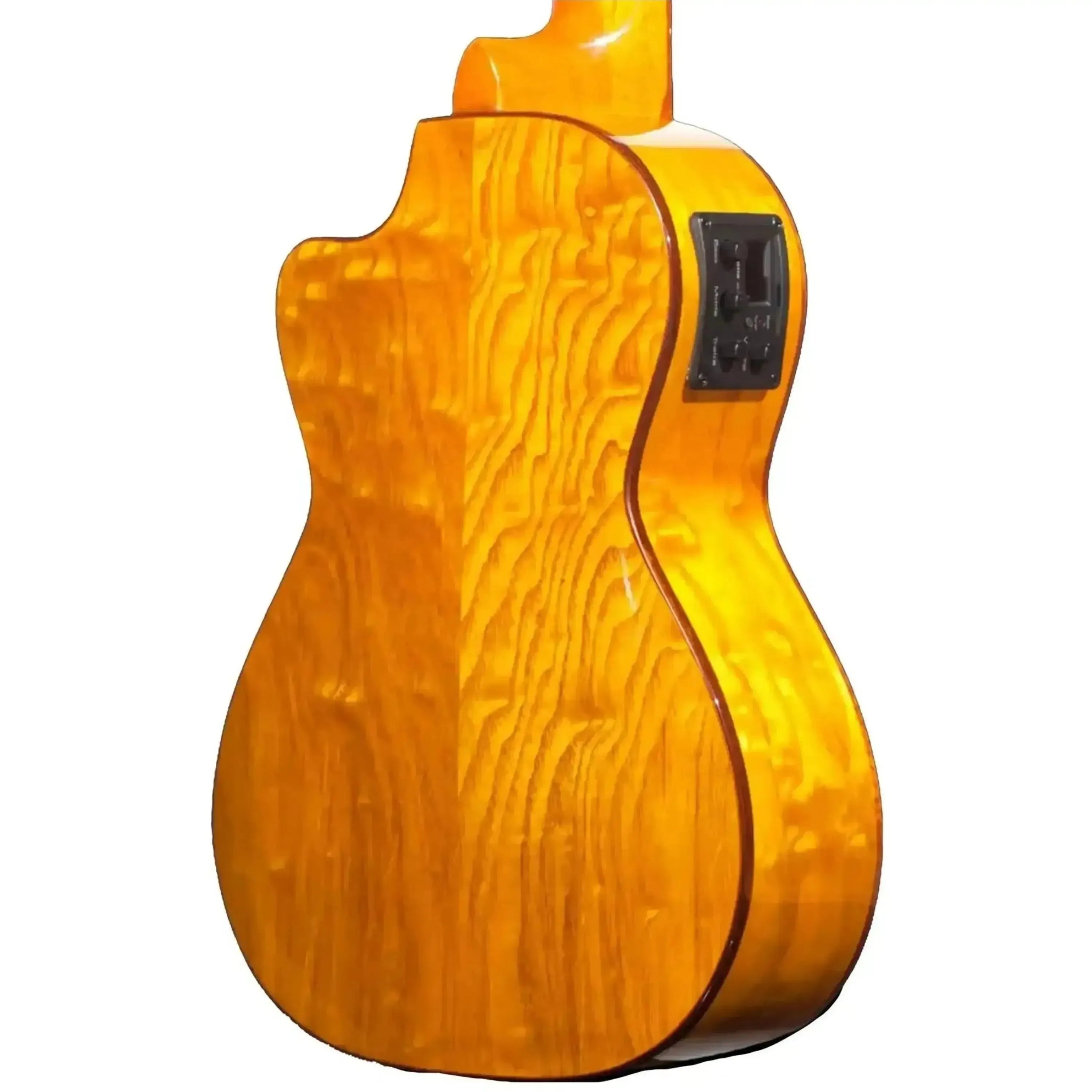 Ohana CK-70WGCE Concert Ukulele back, showing glossy willow wood grain and built-in pickup controls.