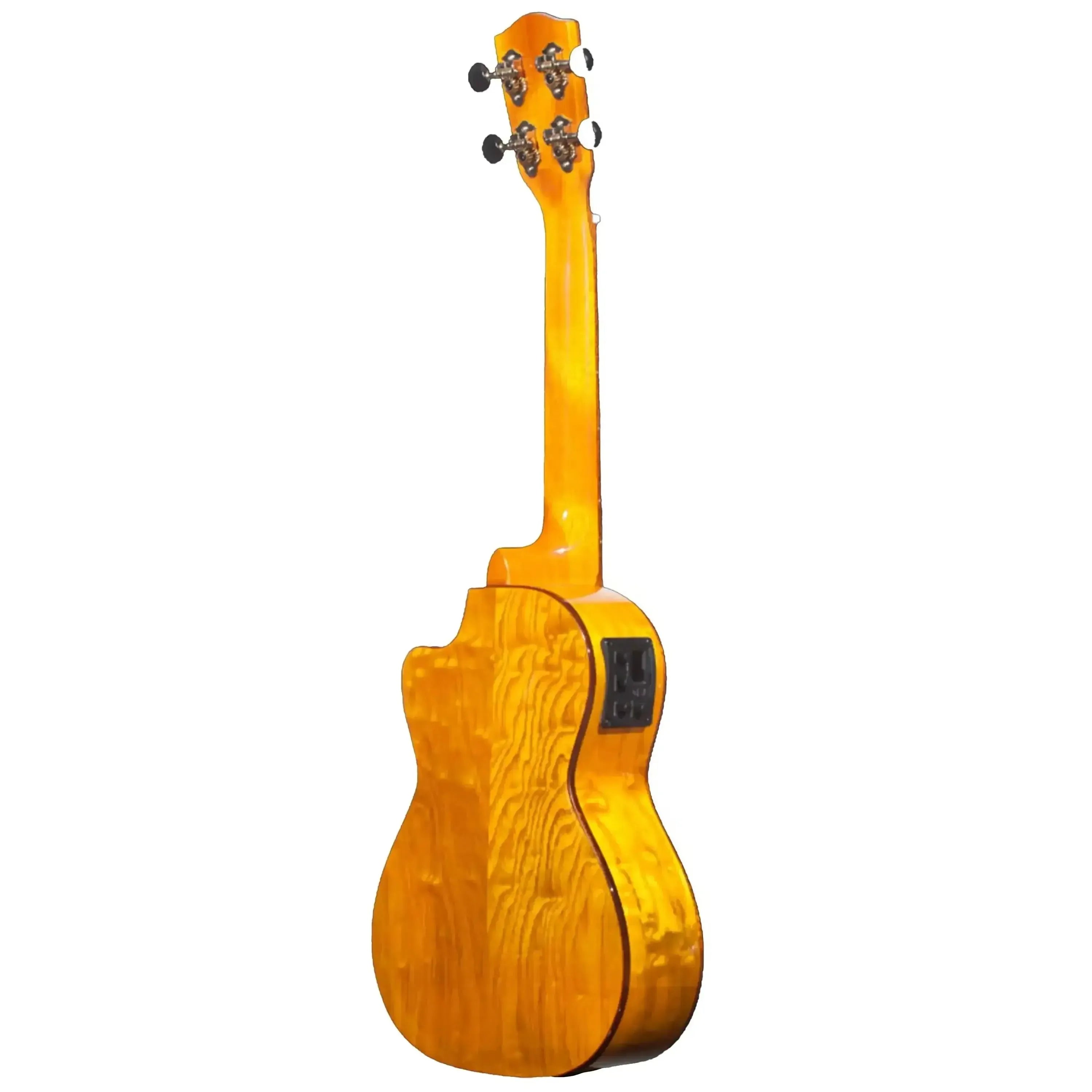 Ohana CK-70WGCE Concert Ukulele, back view, showing gloss willow wood and mahogany neck with geared tuners.