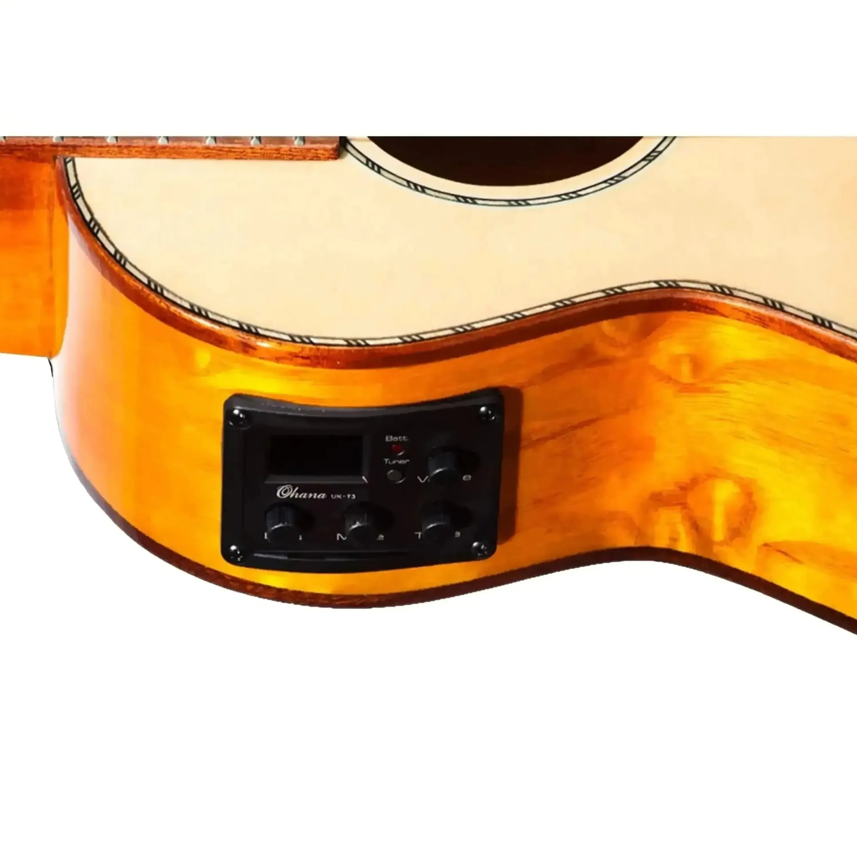 Ohana CK-70WGCE Concert Ukulele with solid spruce top, gloss finish, and built-in pickup.