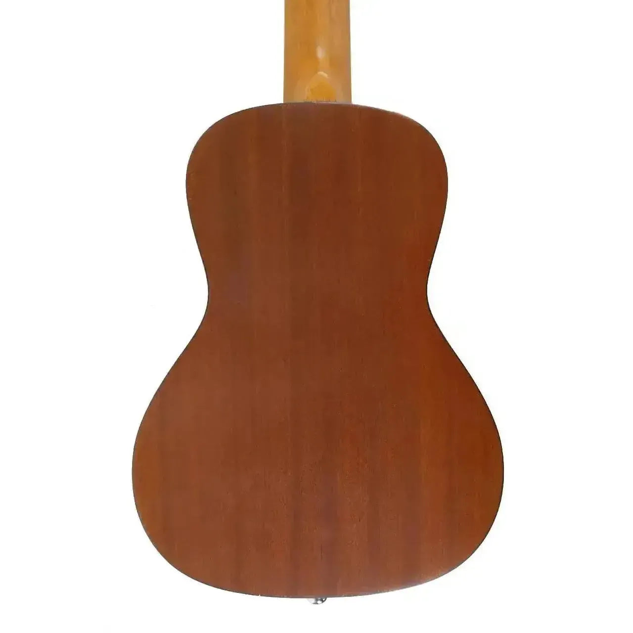 Back of an Ohana CKS-22E Slim Line Concert Ukulele, showing its warm brown laminate mahogany.