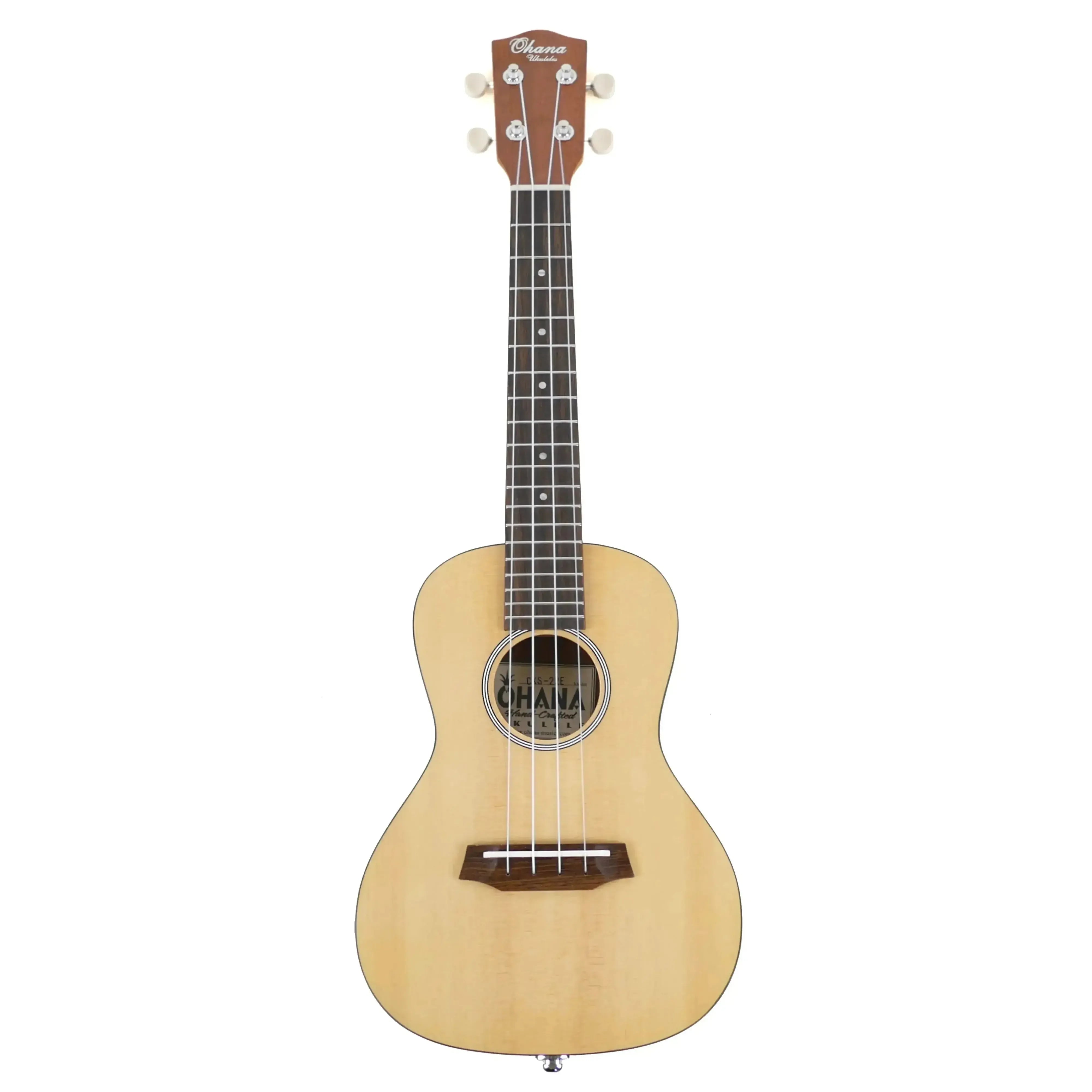 Ohana CKS-22E Slim Line Concert Ukulele with light spruce top, mahogany neck, and black binding.