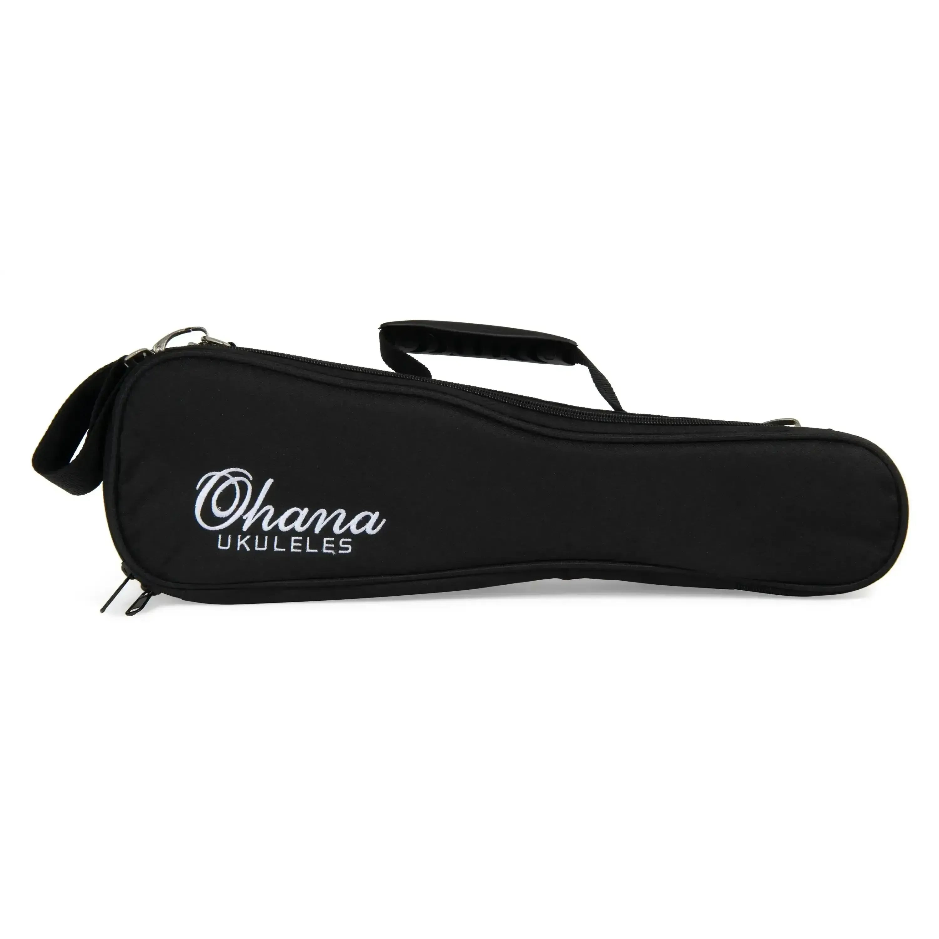 Ohana DB-19BK black sopranino ukulele softcase with white logo, padded handle, and shoulder strap.