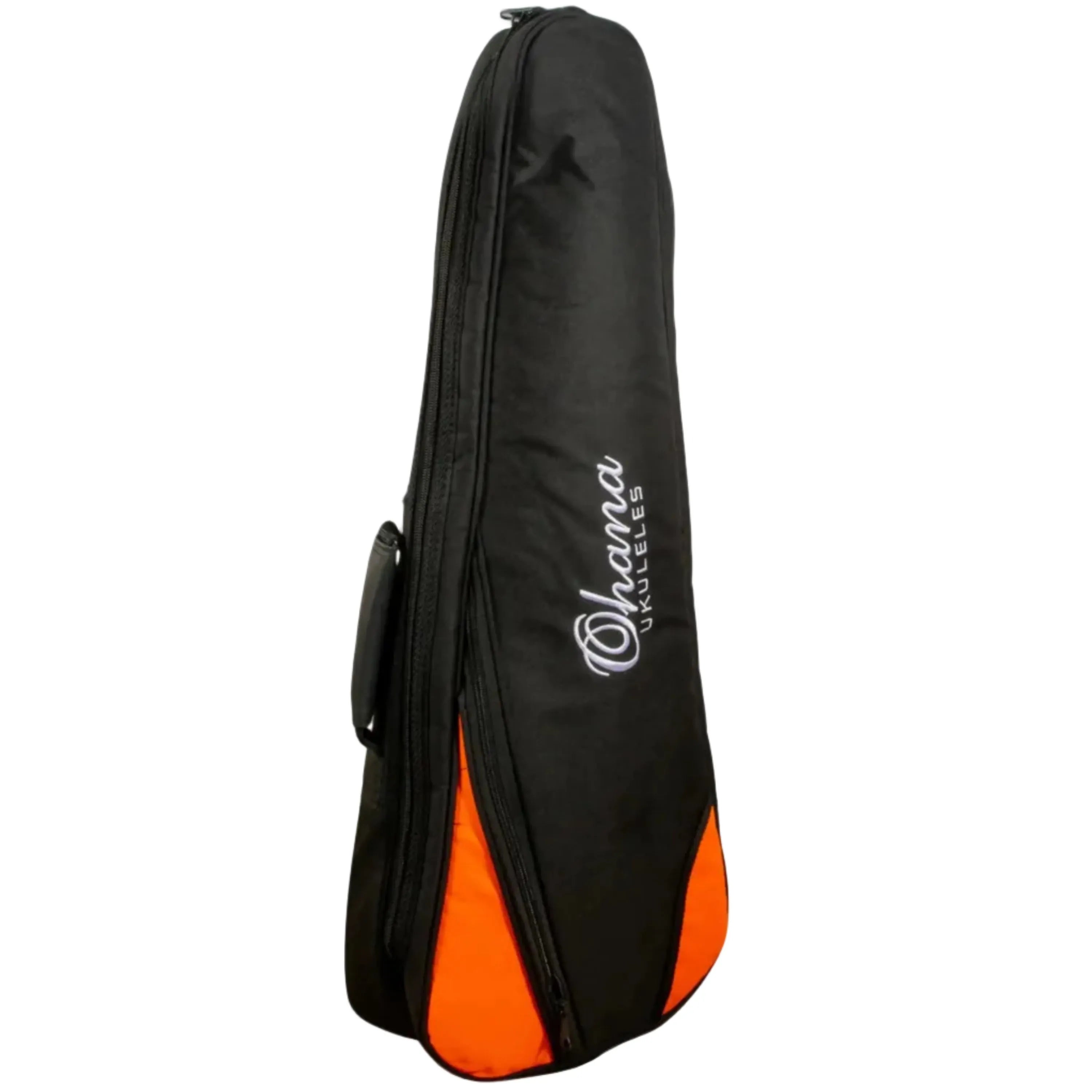 Ohana DB-21OR Deluxe Soprano Ukulele Gigbag, black nylon with orange accents and white embroidered logo.