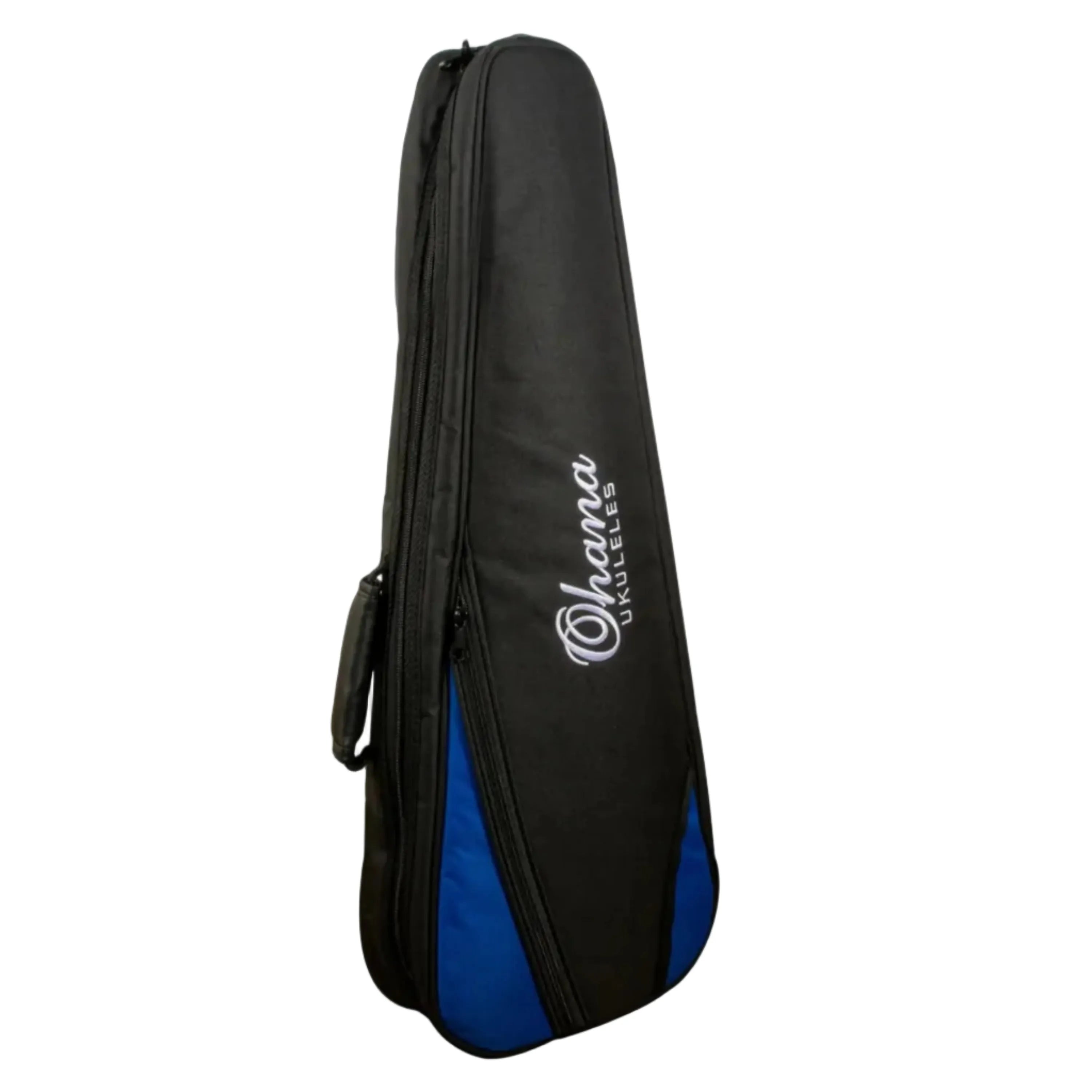 Ohana Deluxe Concert Ukulele Gigbag in black nylon with blue accents and white embroidered logo.