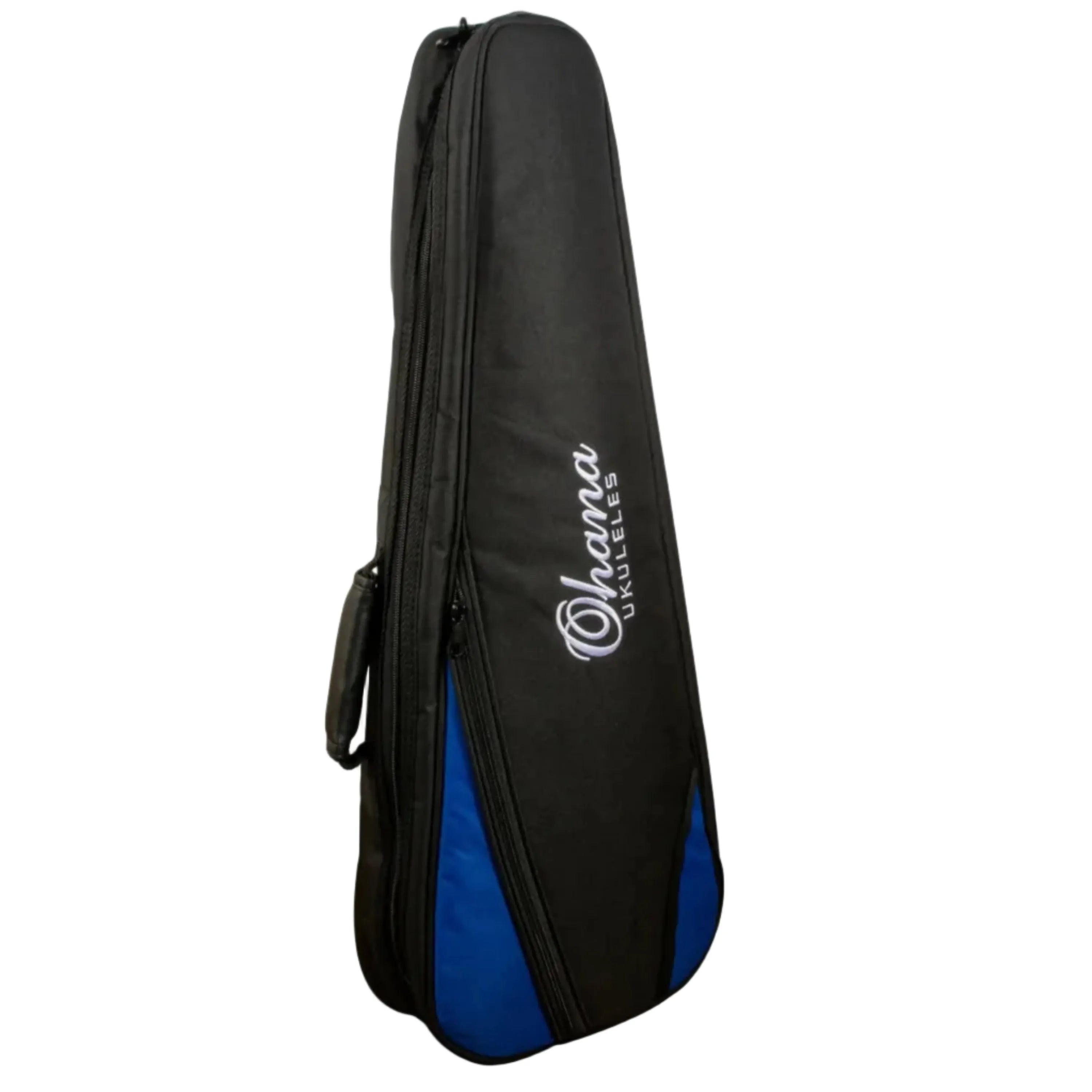 Ohana Deluxe Tenor Ukulele Gigbag in black nylon with blue accents and white embroidered logo.