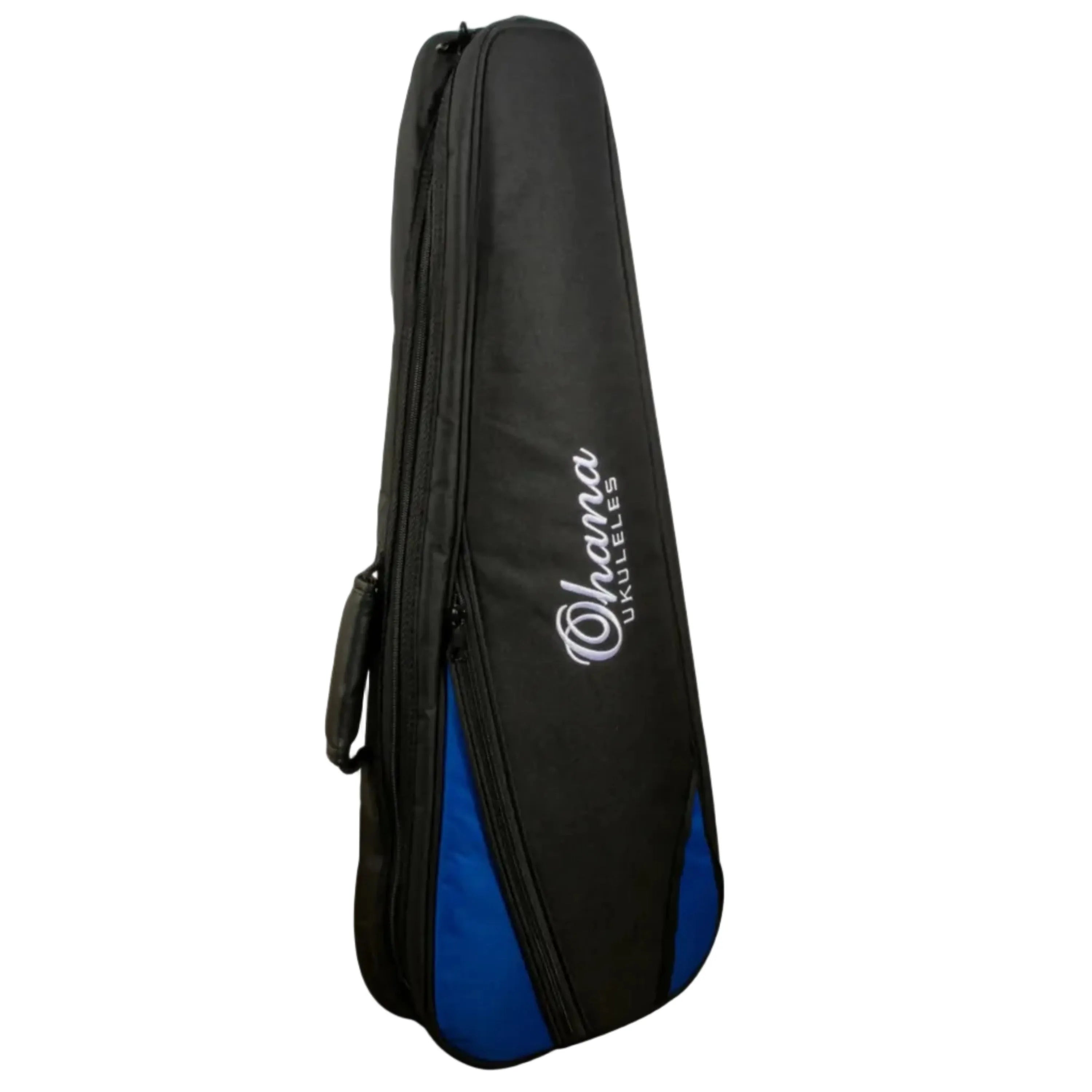 Ohana DB2 Double Deluxe Concert Ukulele Bag, black nylon with blue accents, holds two ukuleles.