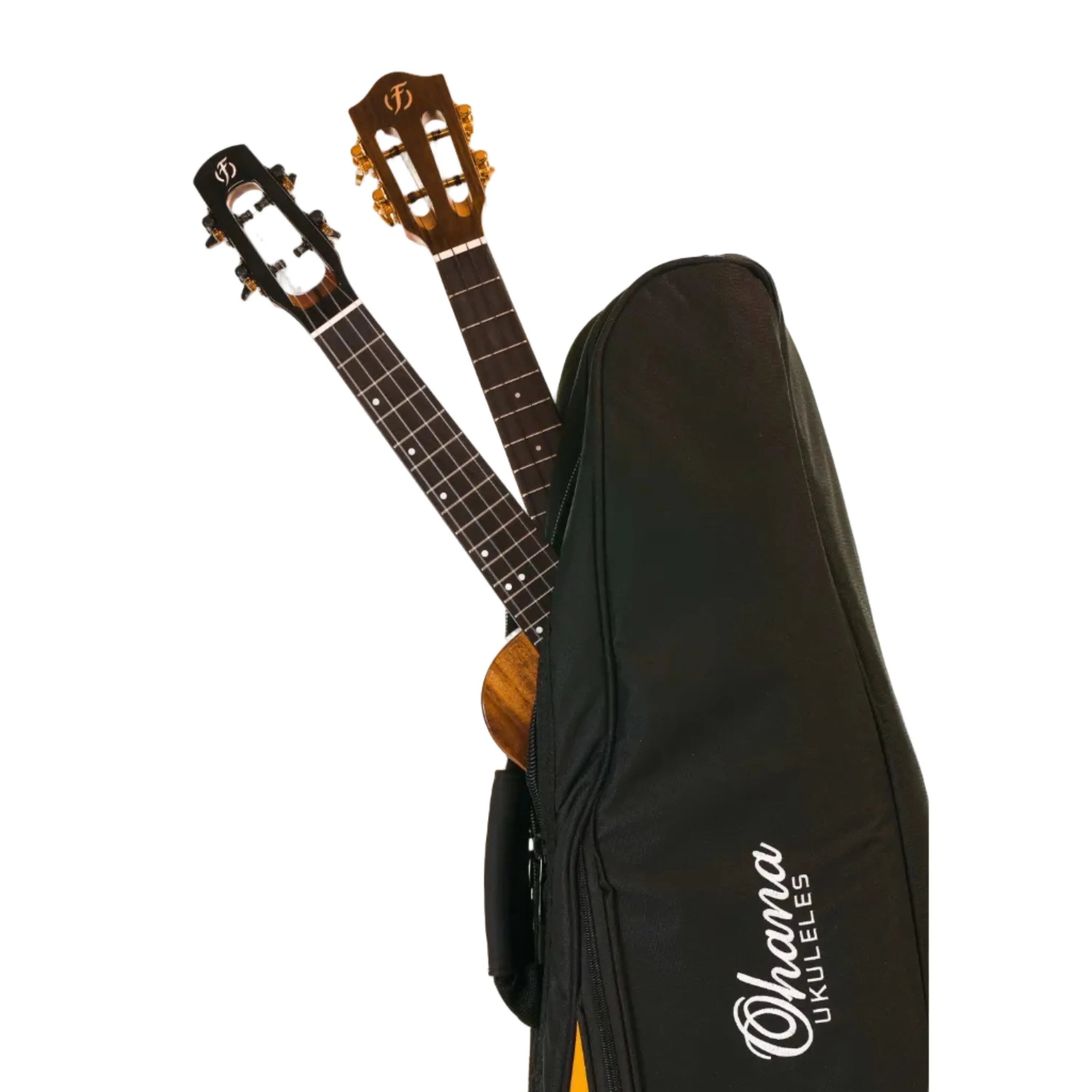 Ohana DB2-27OR Double Deluxe Tenor Ukulele Bag, black nylon with orange accents, holding two ukuleles.