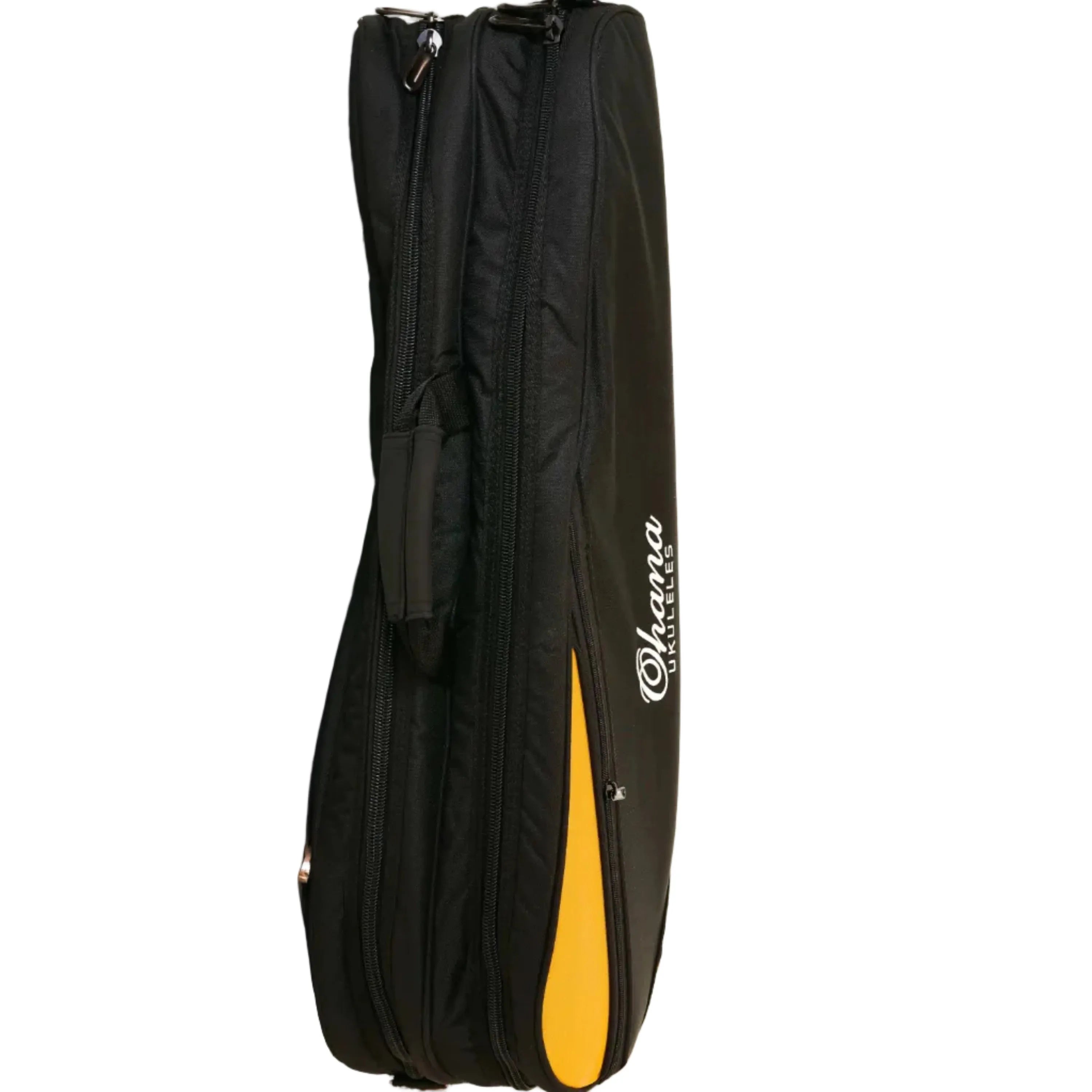 Ohana Double Deluxe Tenor Ukulele Bag, black nylon with orange accents, holds two ukuleles.