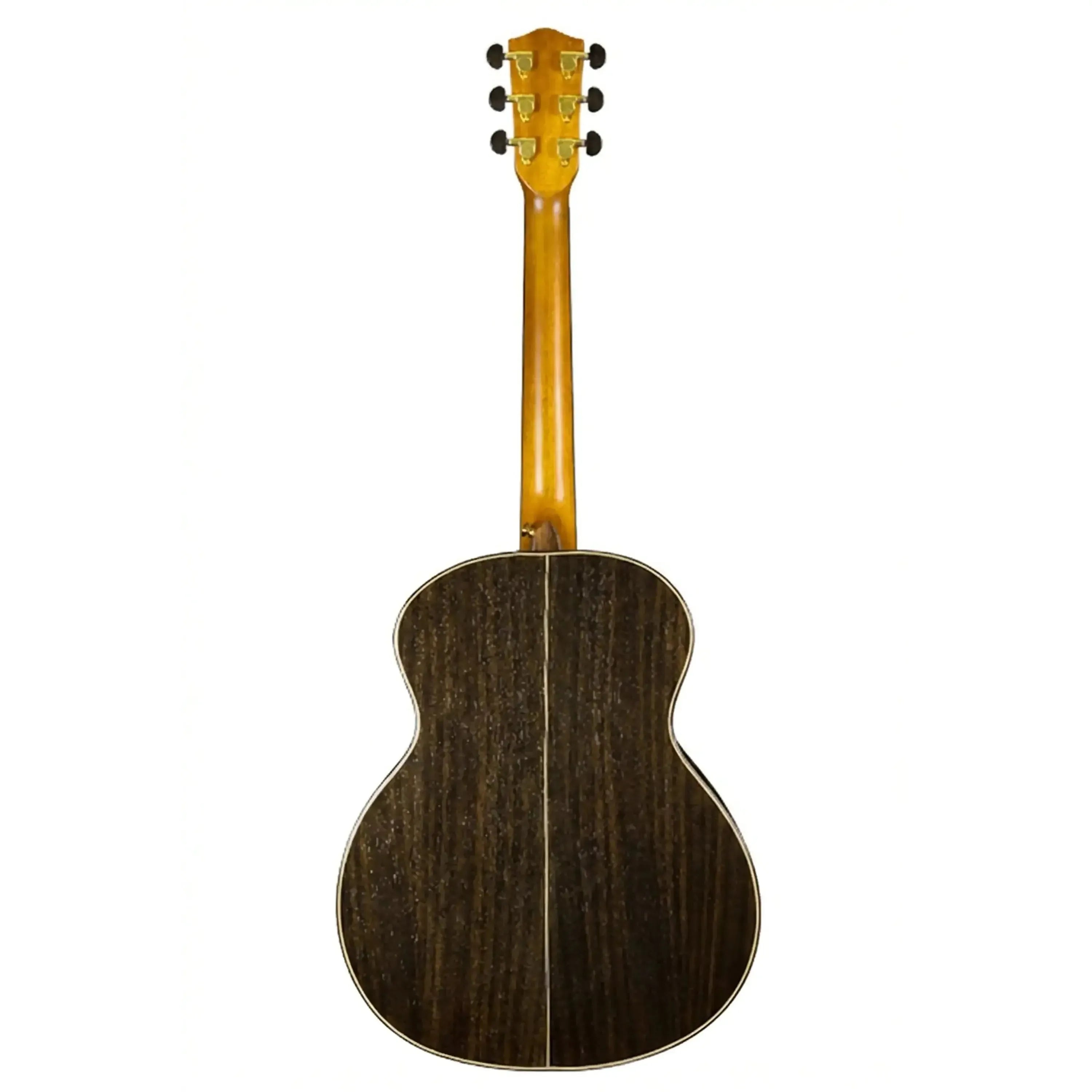 Back of Ohana GT-8E 1/2 size acoustic-electric guitar with dark rosewood arched back and light wood neck.