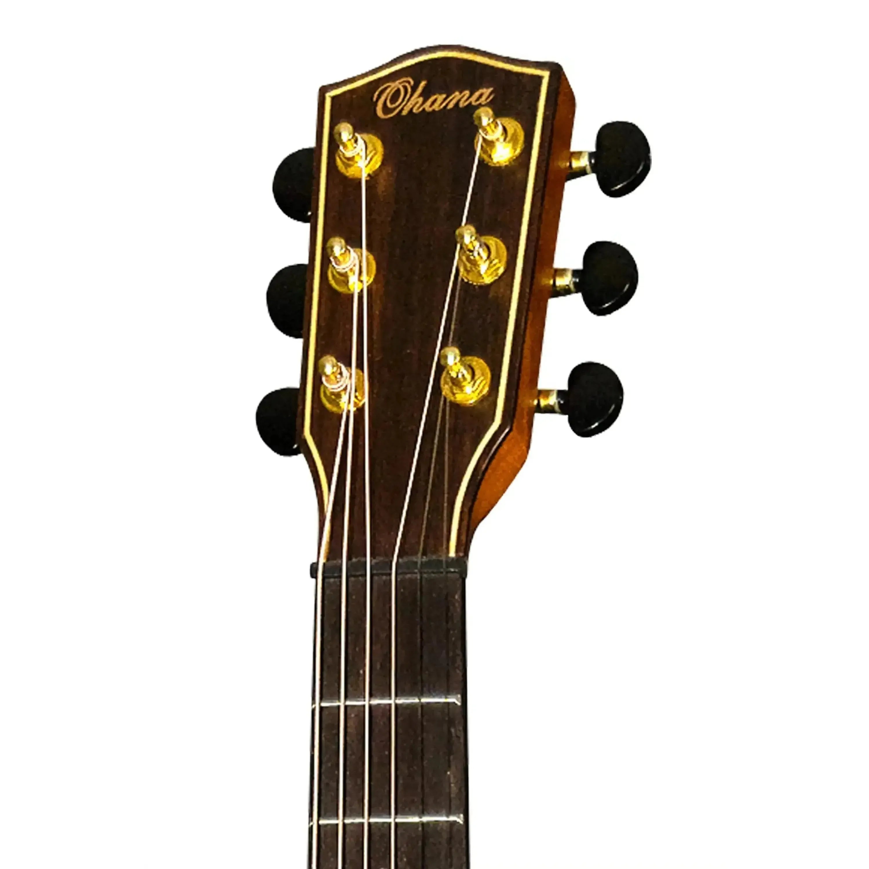 Ohana GT-8E 1/2 guitar headstock with gold tuners, dark wood, and "Ohana" logo.