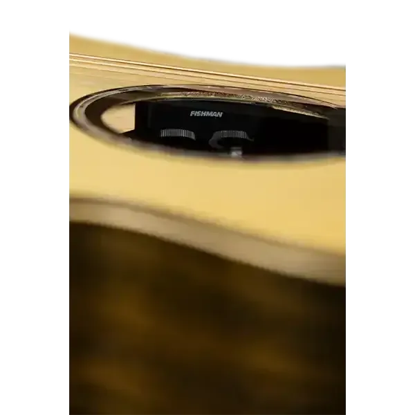 Close-up of the Fishman pickup inside the soundhole of an Ohana GT-8E acoustic-electric guitar.