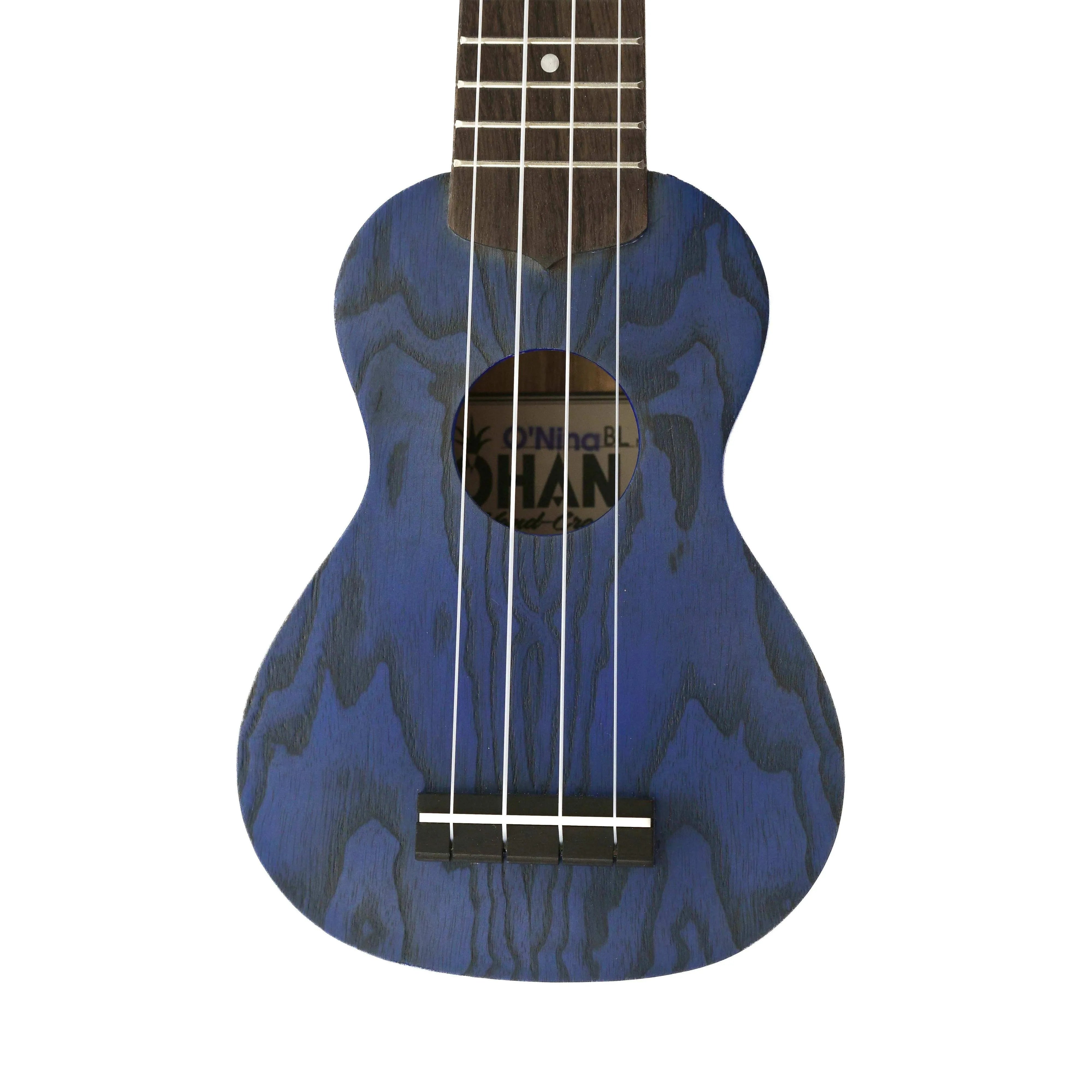 Ohana O'Nina Willow Blue Sopranissimo Ukulele with dark wood grain and white strings.