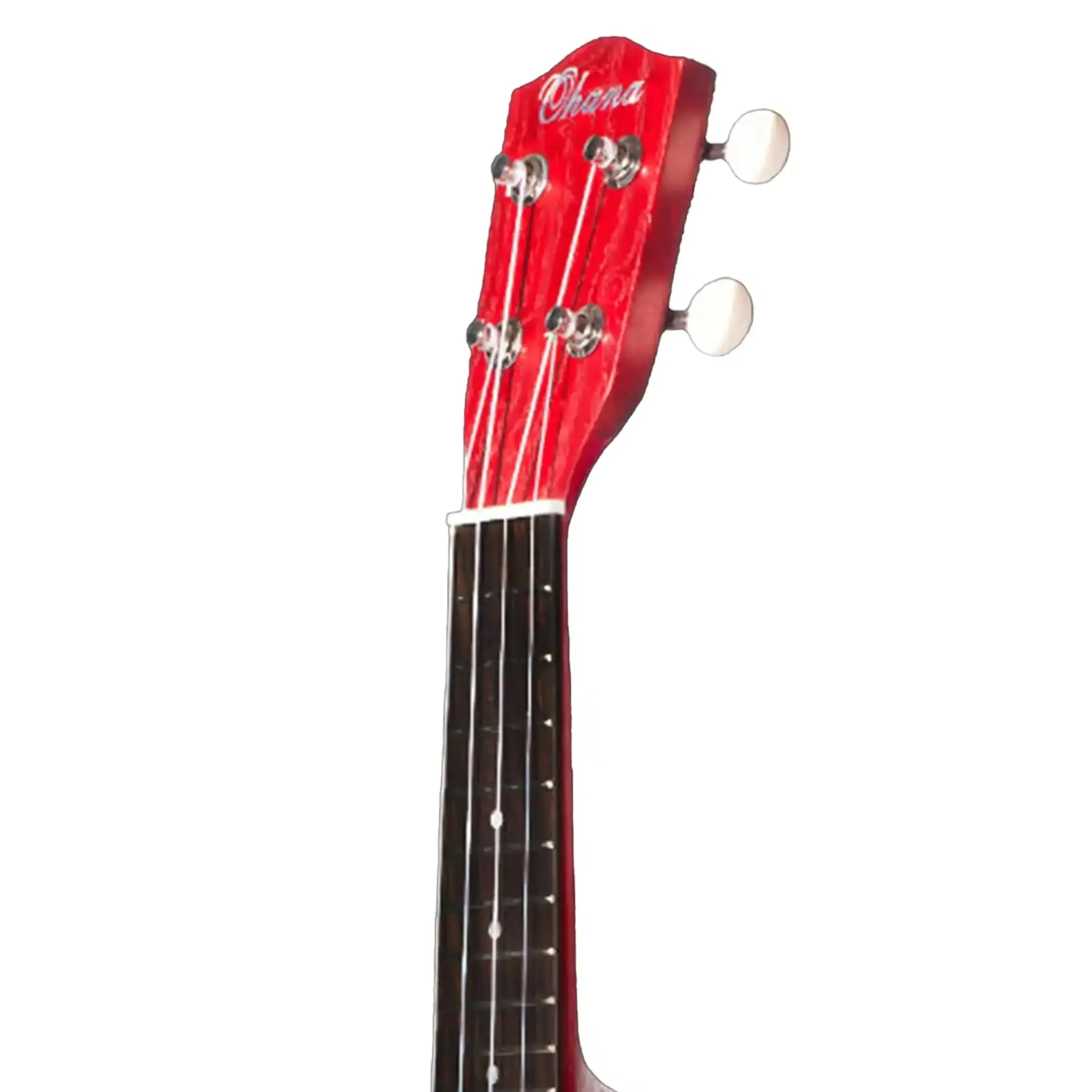 Ohana O'Nina Sopranissimo ukulele headstock in vibrant red willow with white tuning pegs.