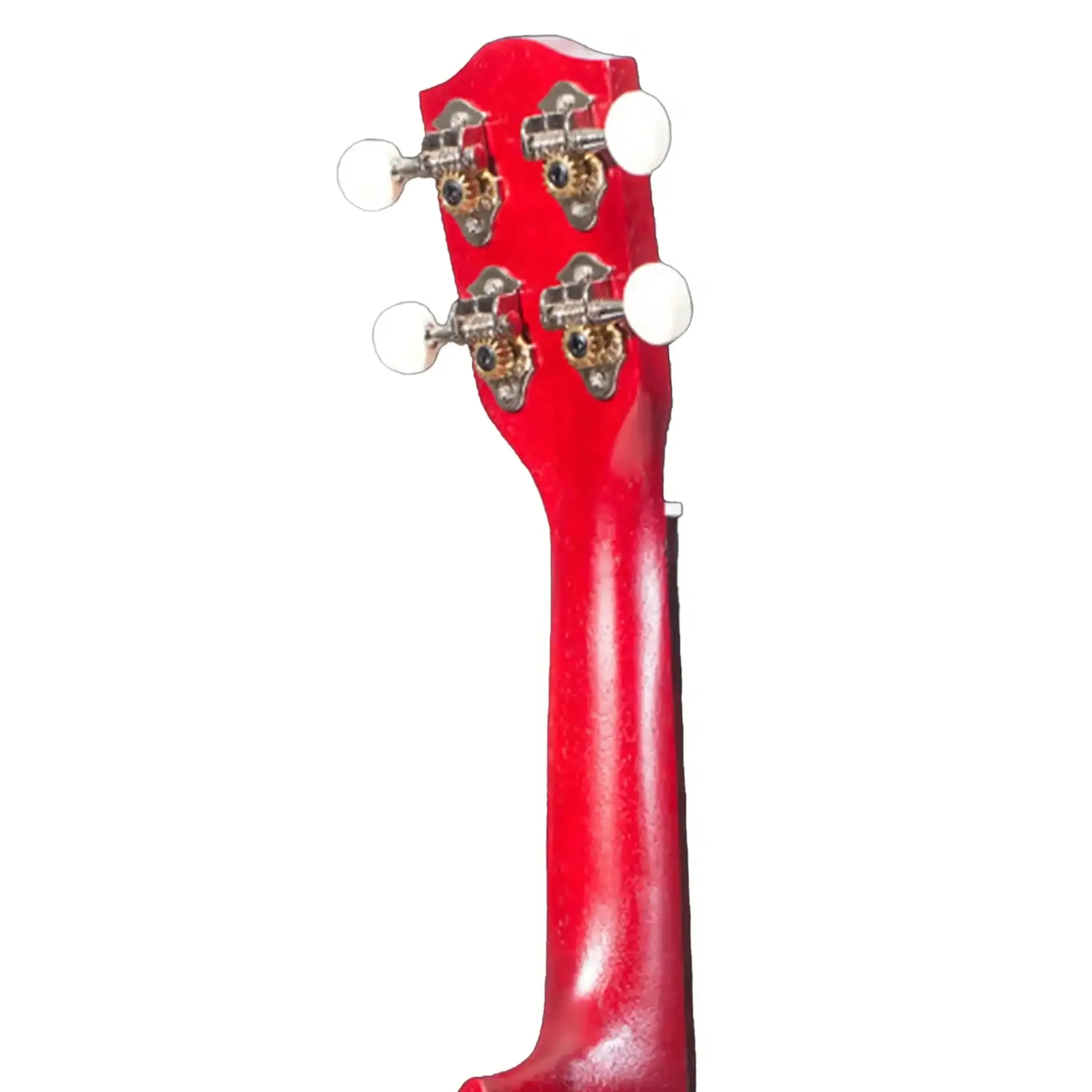 Ohana O'Nina Sopranissimo Ukulele's red headstock and neck with four white tuning pegs.