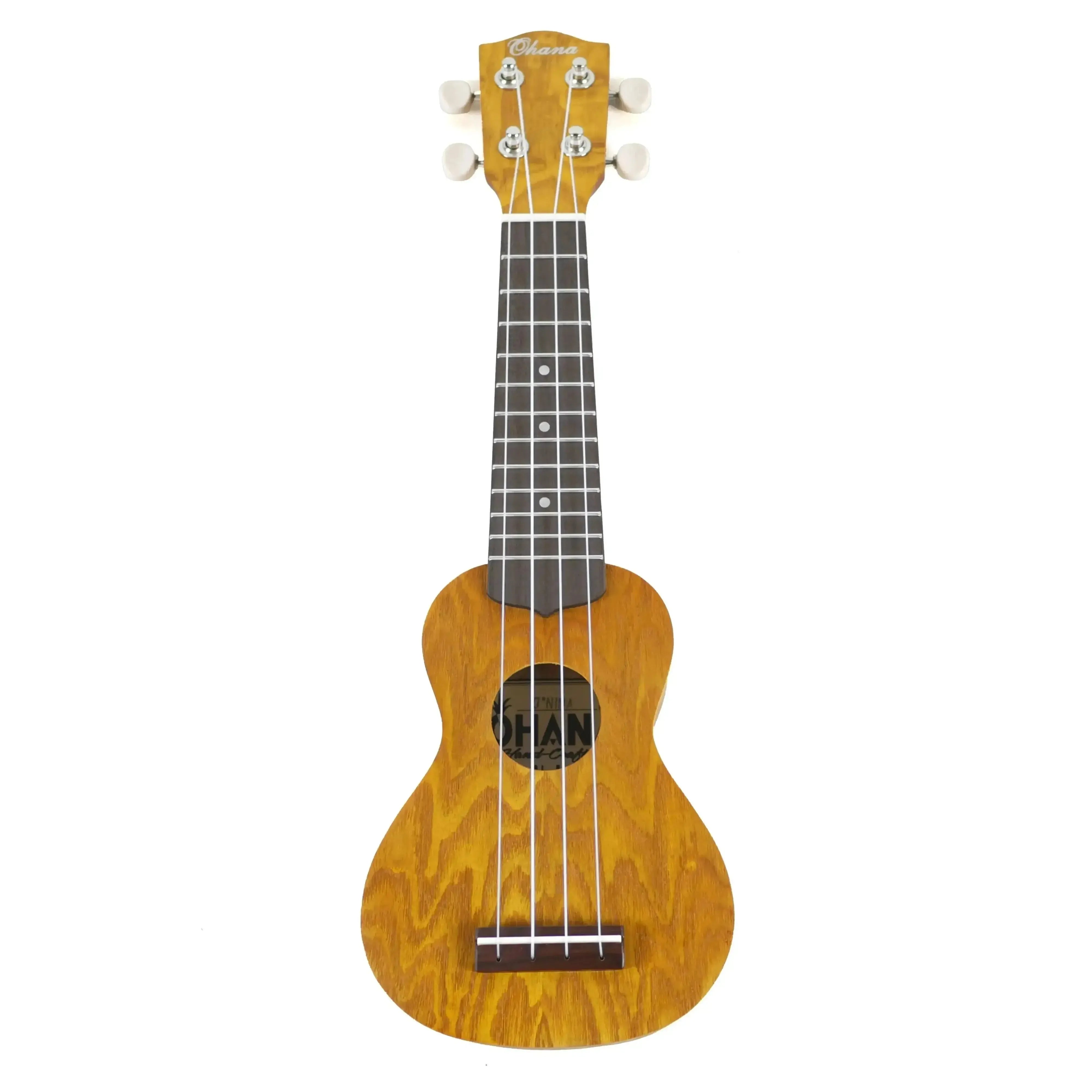 Ohana O'Nina Willow Sopranissimo Ukulele with natural wood grain, dark fretboard, and white tuning pegs.