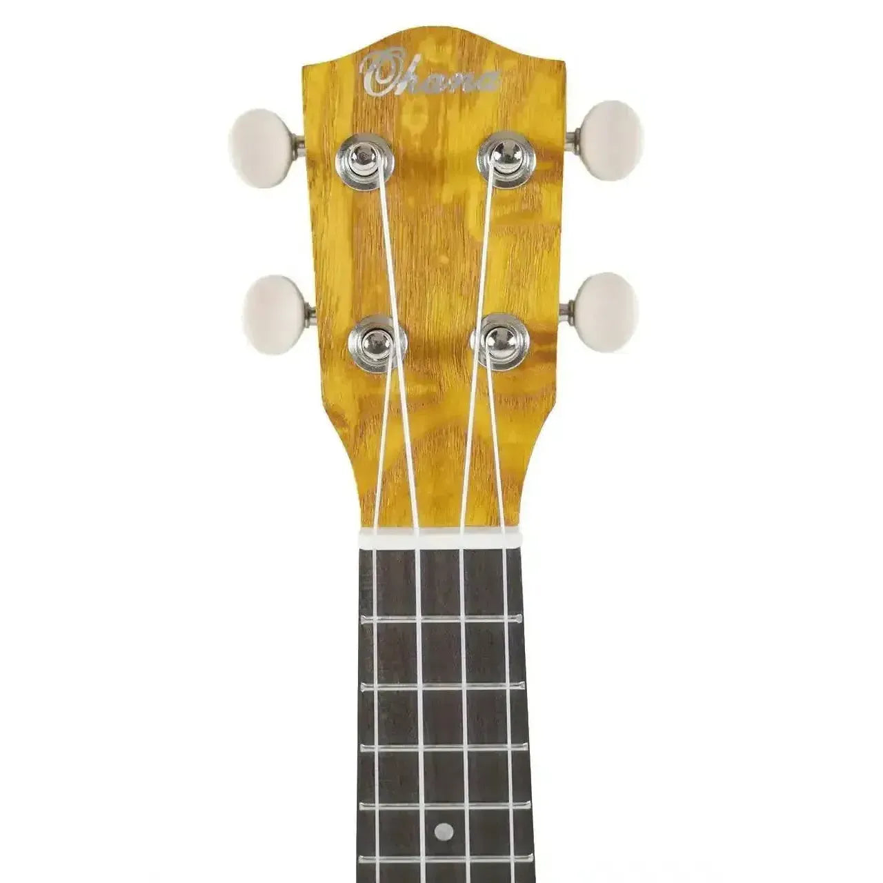 Ohana O'Nina Sopranissimo ukulele headstock with willow wood grain, white tuning pegs, and dark fretboard.