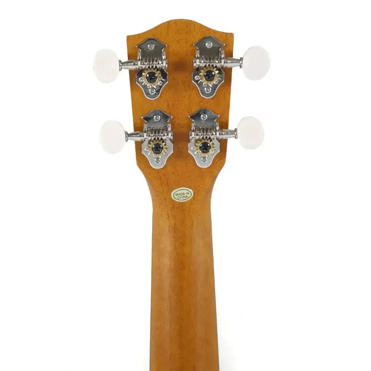 Back of Ohana O'Nina Sopranissimo ukulele headstock and neck, showing four white tuning pegs.