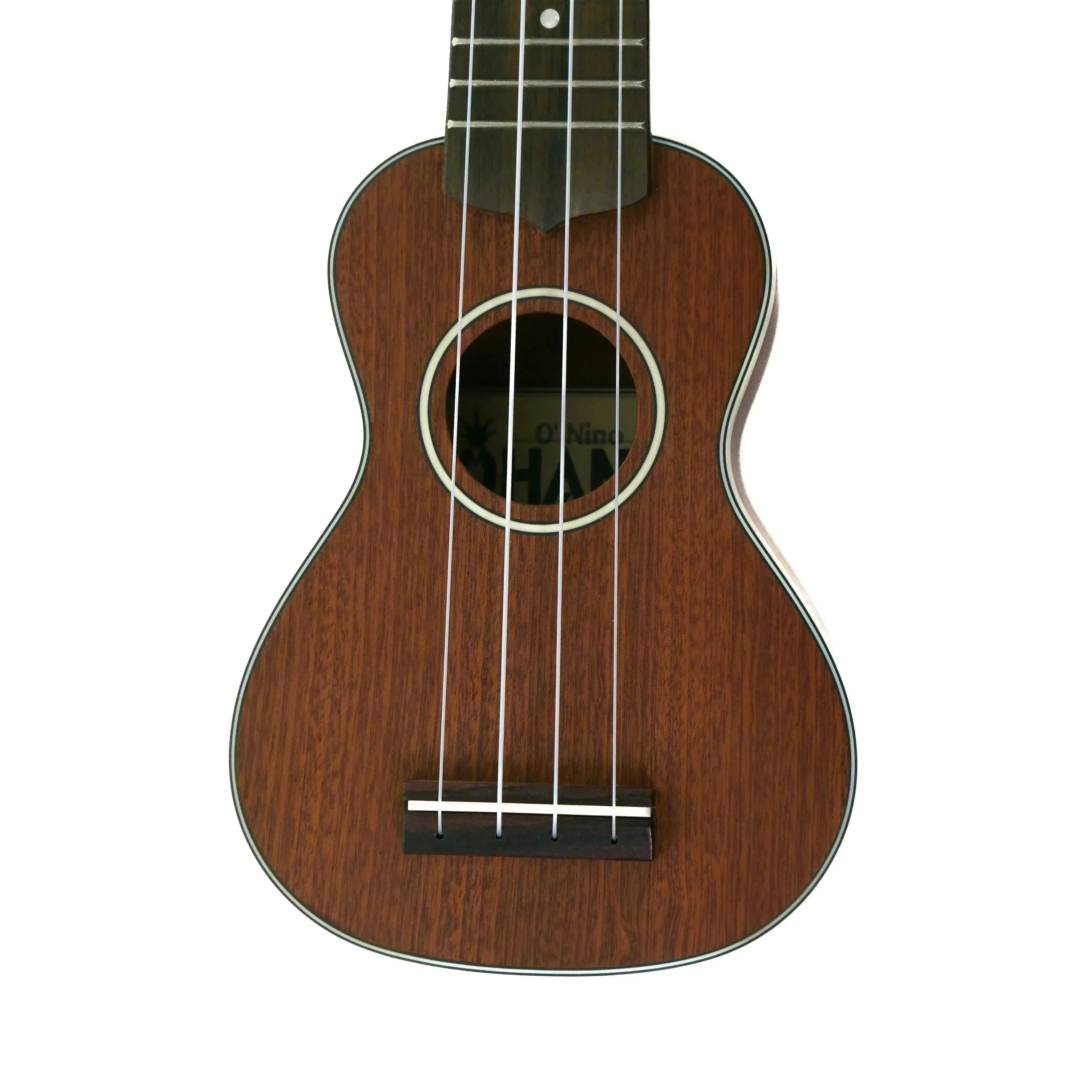 Ohana O'Nino Sopranissimo Ukulele with solid mahogany body, black and white rosette, and satin finish.