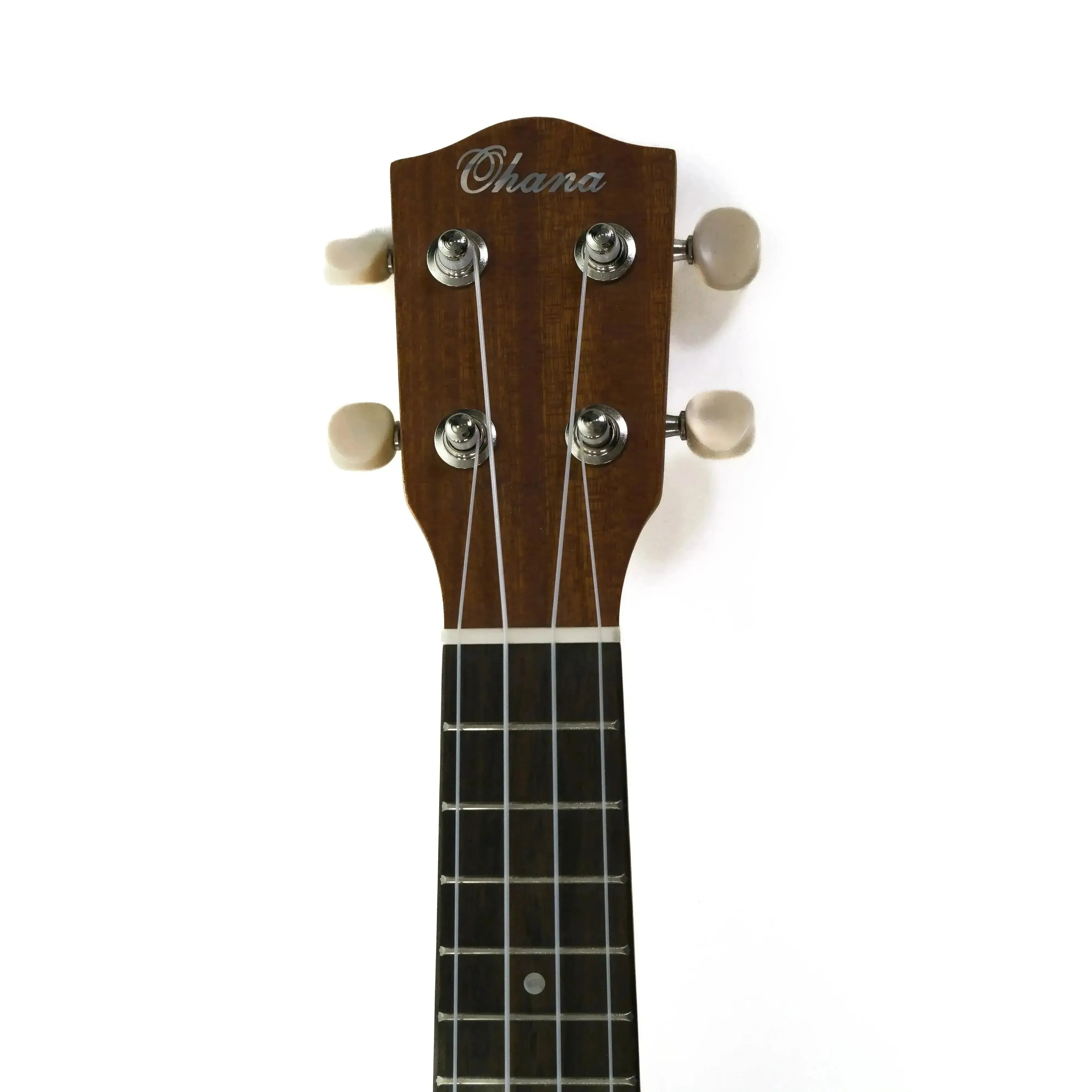 Ohana O'Nino Sopranissimo ukulele headstock with mahogany finish, Grover tuners, and hardwood fretboard.