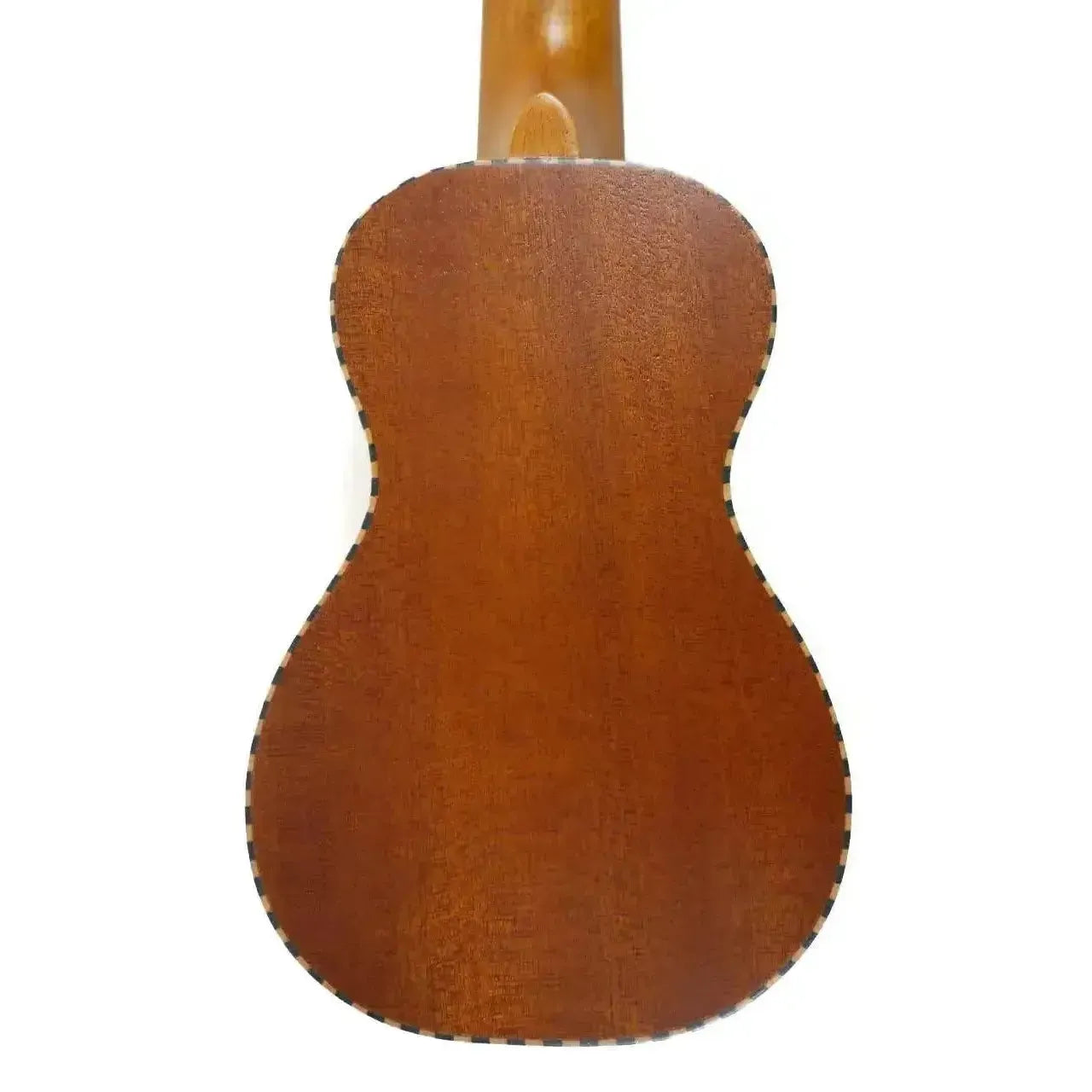 Back of an Ohana Pequeño Series Sopranino Ukulele, showing its solid mahogany wood and rope binding.