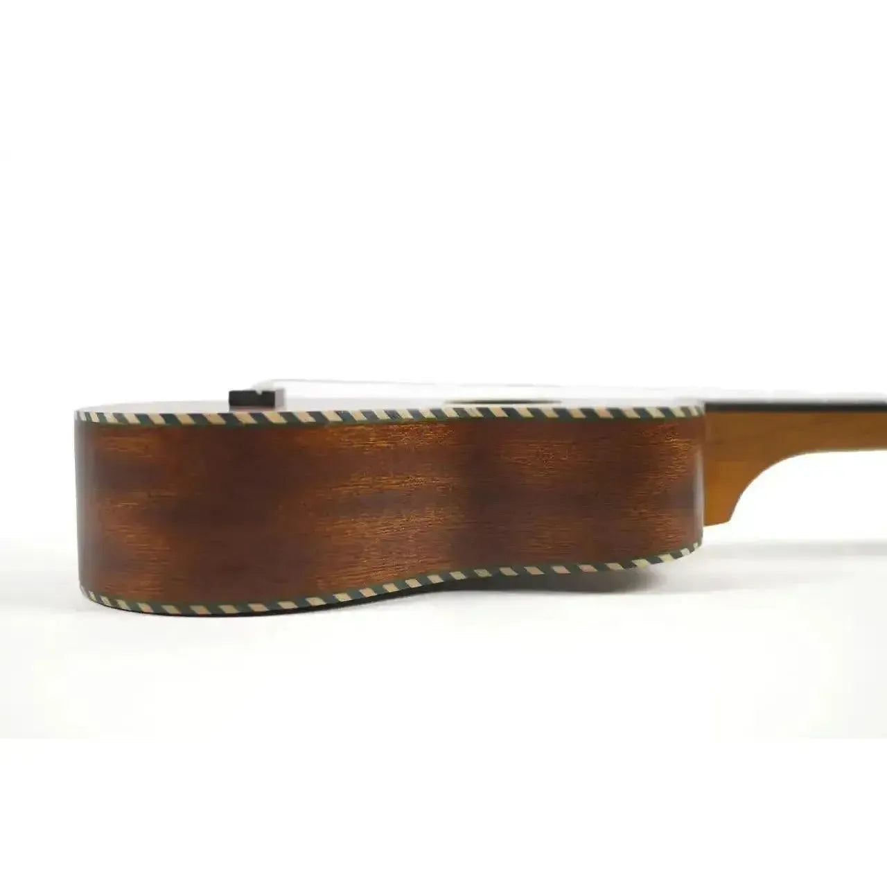 Ohana Pequeño Series Sopranino Ukulele side view, showing solid mahogany body with Nunes-style rope binding.