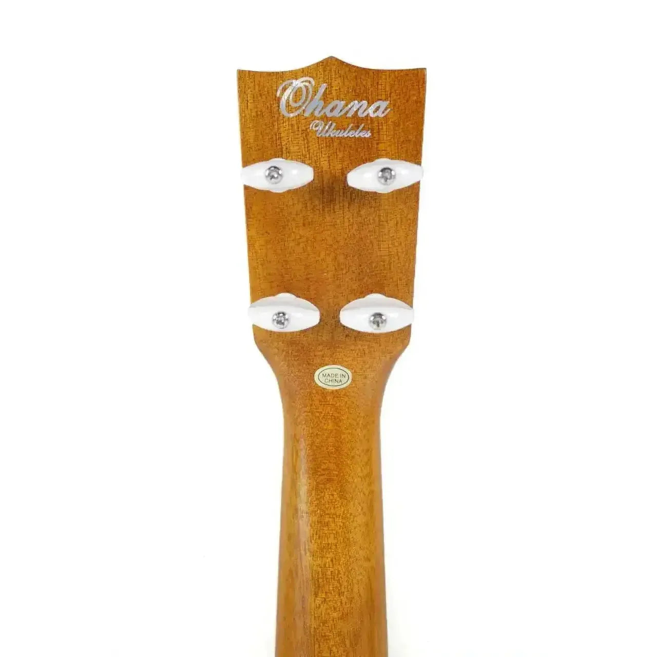 Ohana Pequeño Series solid mahogany sopranino ukulele headstock with "Ohana Ukuleles" logo and white tuners.