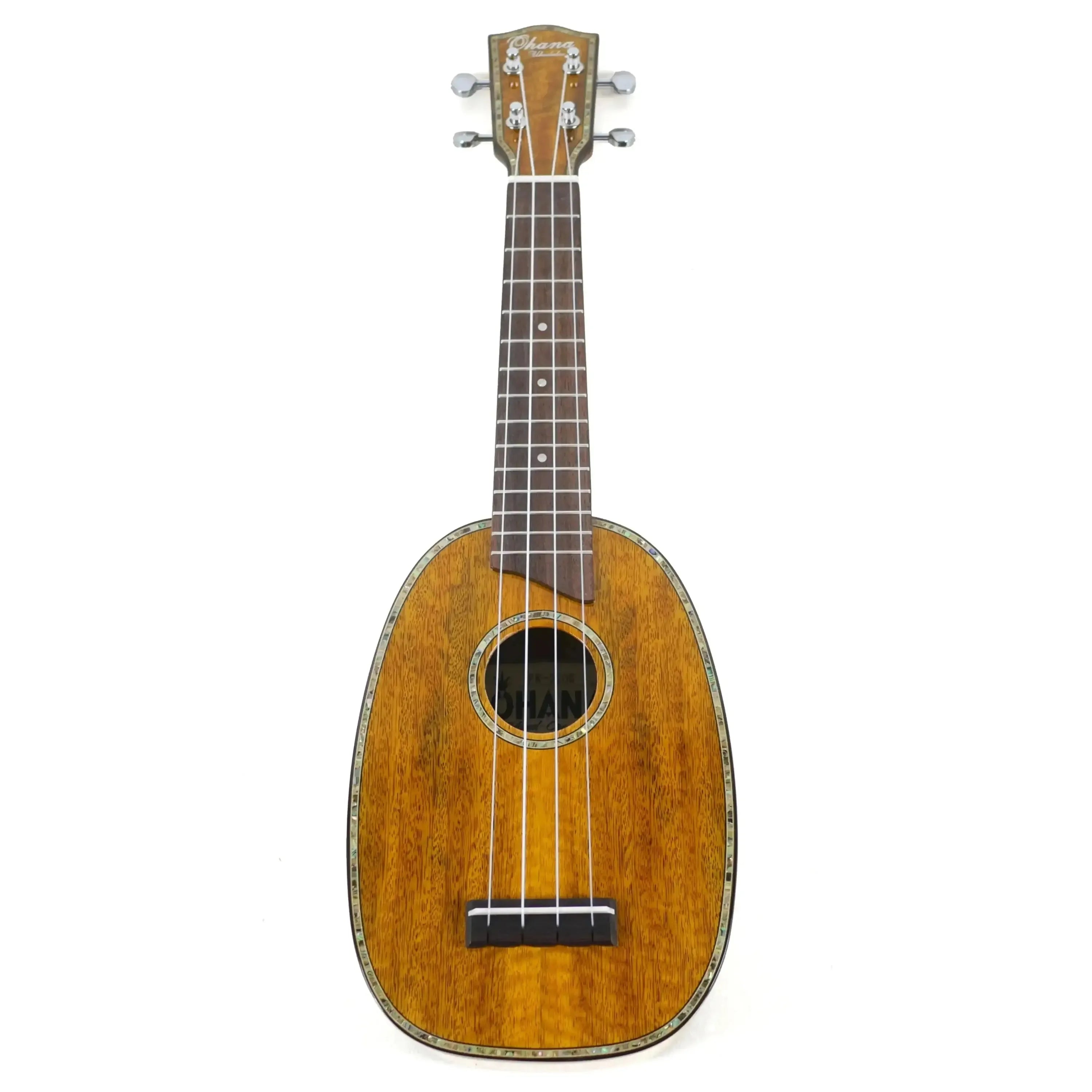 Ohana PK-220G solid mango pineapple soprano ukulele with gloss finish and abalone accents.
