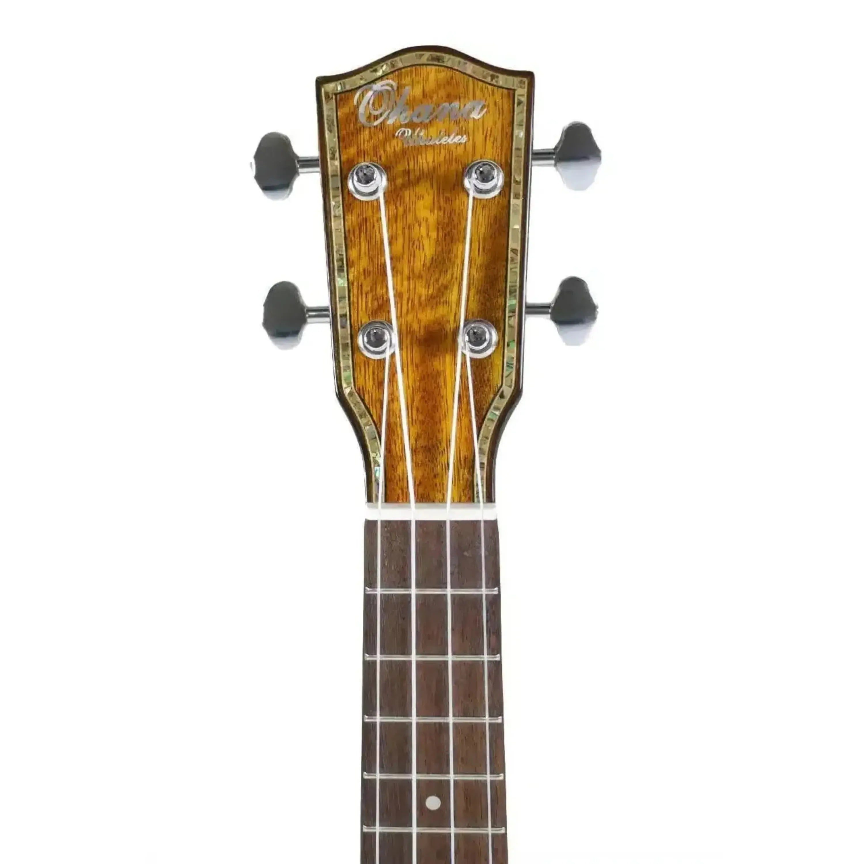 Ohana PK-220G ukulele headstock with solid mango wood, abalone trim, and chrome tuners.