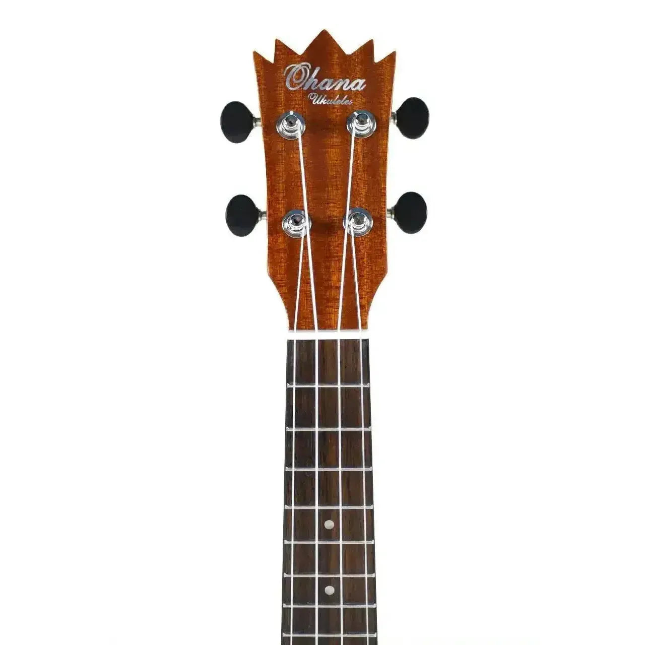 Ohana PK-25G solid mahogany ukulele headstock with crown shape, black tuners, and fretboard.